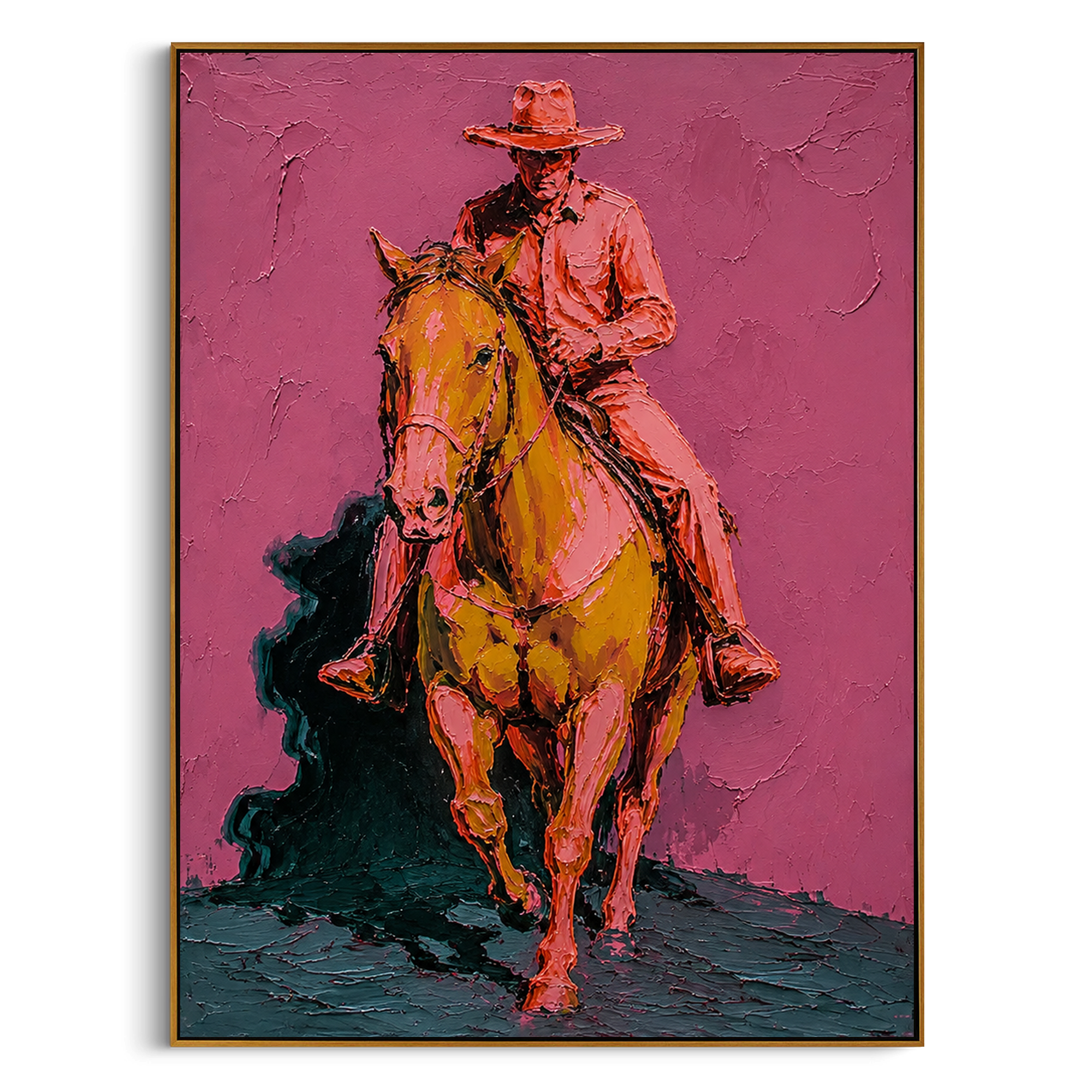 "Forward Cowboy Horse Painting" focuses on atmosphere, surface movement, and sculptural heavy impasto craftsmanship rather than a fixed literal storyline. The composition uses this hand-painted vertical canvas presents a cowboy and horse turning forward against a rose pink wall, with the rider set high above a golden brown horse as the visual anchor, while layered palette-knife paint, raised plaster-like texture, and softened brush movement create tactile depth across the canvas. Curated with a