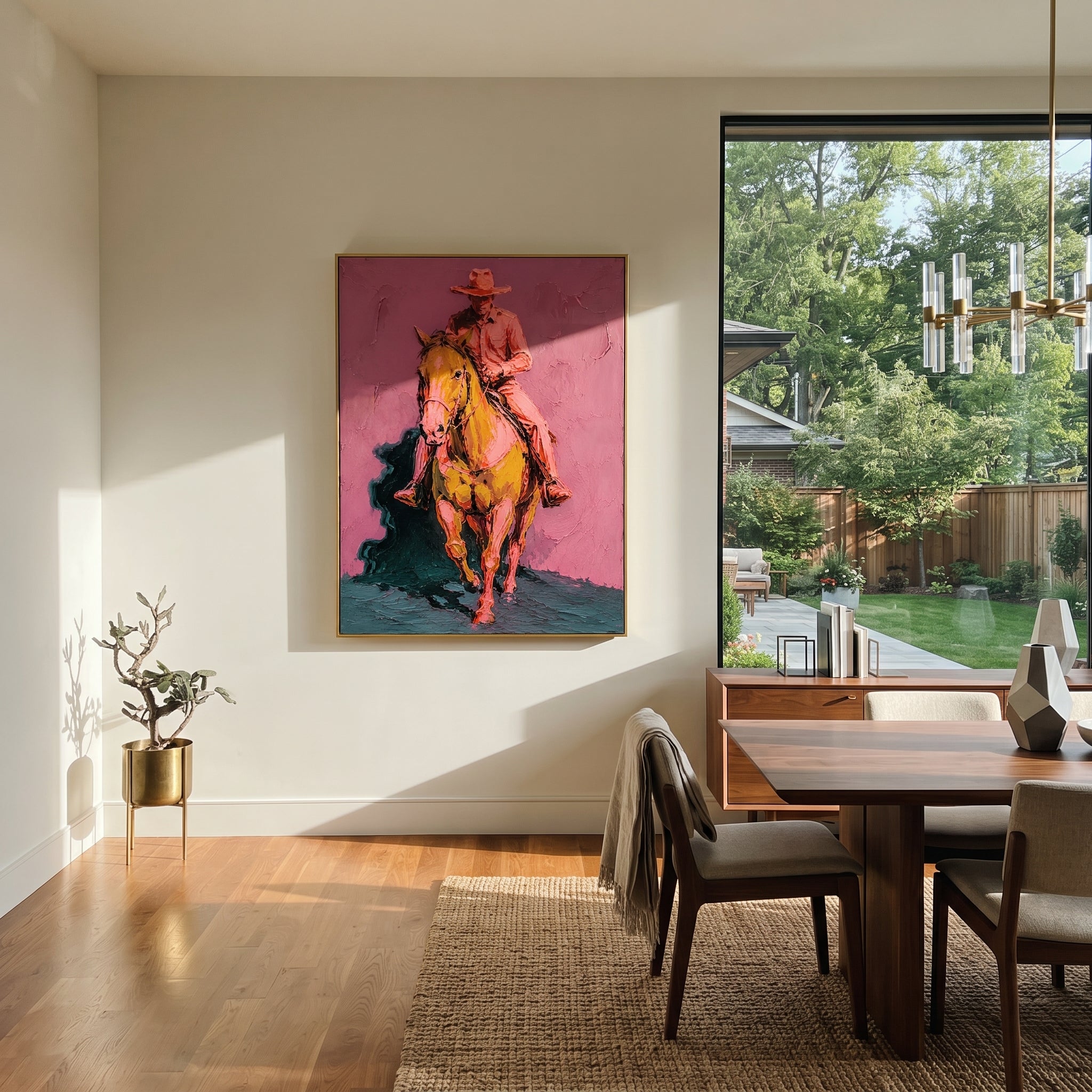 "Forward Cowboy Horse Painting" focuses on atmosphere, surface movement, and sculptural heavy impasto craftsmanship rather than a fixed literal storyline. The composition uses this hand-painted vertical canvas presents a cowboy and horse turning forward against a rose pink wall, with the rider set high above a golden brown horse as the visual anchor, while layered palette-knife paint, raised plaster-like texture, and softened brush movement create tactile depth across the canvas. Curated with a