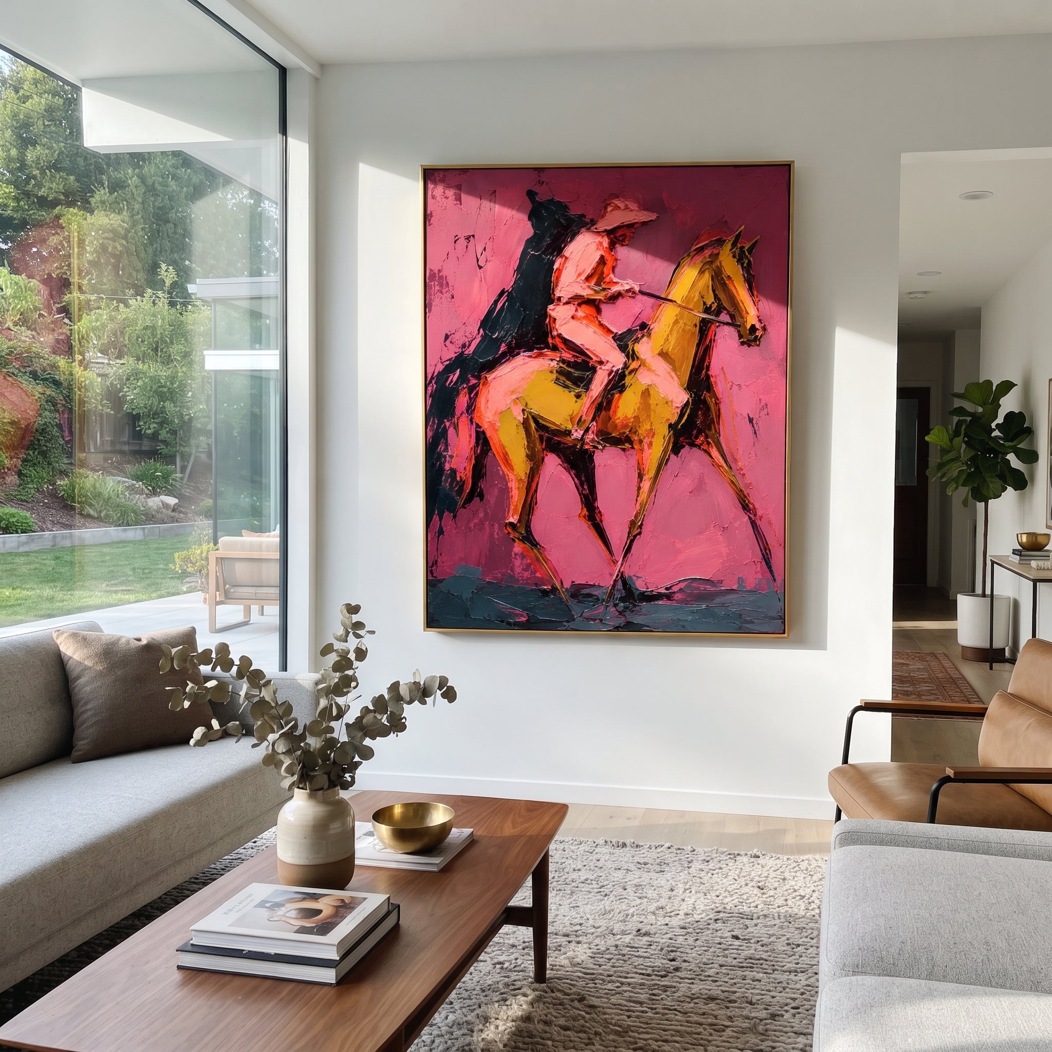 "Leaping Horse Cowboy Painting" focuses on atmosphere, surface movement, and sculptural heavy impasto craftsmanship rather than a fixed literal storyline. The composition uses this hand-painted vertical canvas captures a cowboy on a leaping golden horse, its front leg raised sharply against the saturated pink background as the visual anchor, while layered palette-knife paint, raised plaster-like texture, and softened brush movement create tactile depth across the canvas. Curated with a balanced