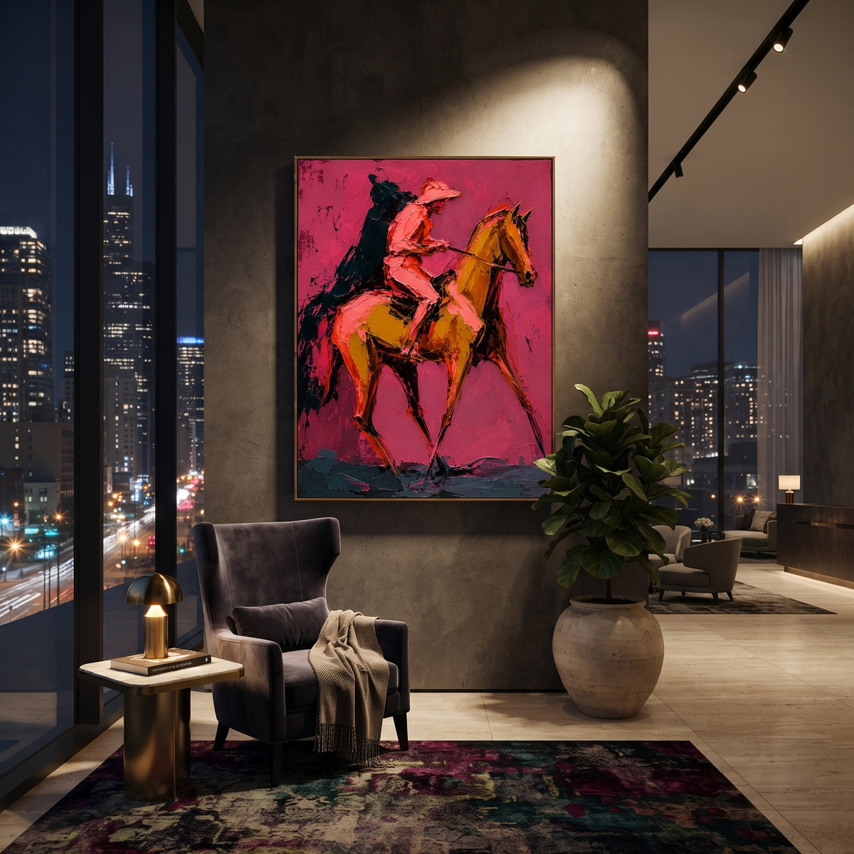 "Leaping Horse Cowboy Painting" focuses on atmosphere, surface movement, and sculptural heavy impasto craftsmanship rather than a fixed literal storyline. The composition uses this hand-painted vertical canvas captures a cowboy on a leaping golden horse, its front leg raised sharply against the saturated pink background as the visual anchor, while layered palette-knife paint, raised plaster-like texture, and softened brush movement create tactile depth across the canvas. Curated with a balanced