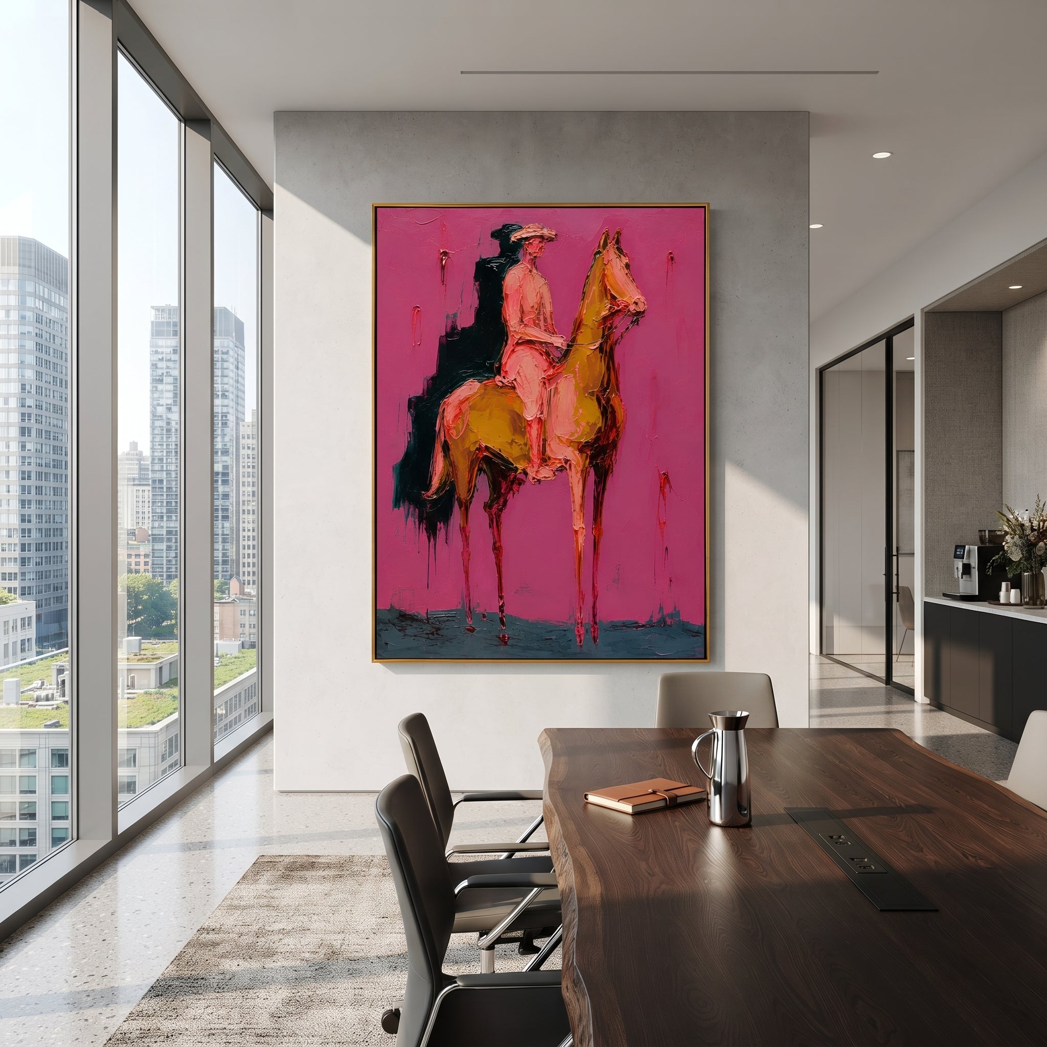 "Walking Pink Rider Horse Painting" focuses on atmosphere, surface movement, and sculptural heavy impasto craftsmanship rather than a fixed literal storyline. The composition uses this hand-painted vertical canvas shows a cowboy riding a golden brown horse in a left-facing walking pose as the visual anchor, while layered palette-knife paint, raised plaster-like texture, and softened brush movement create tactile depth across the canvas. Curated with a balanced pink, brown, green palette, the