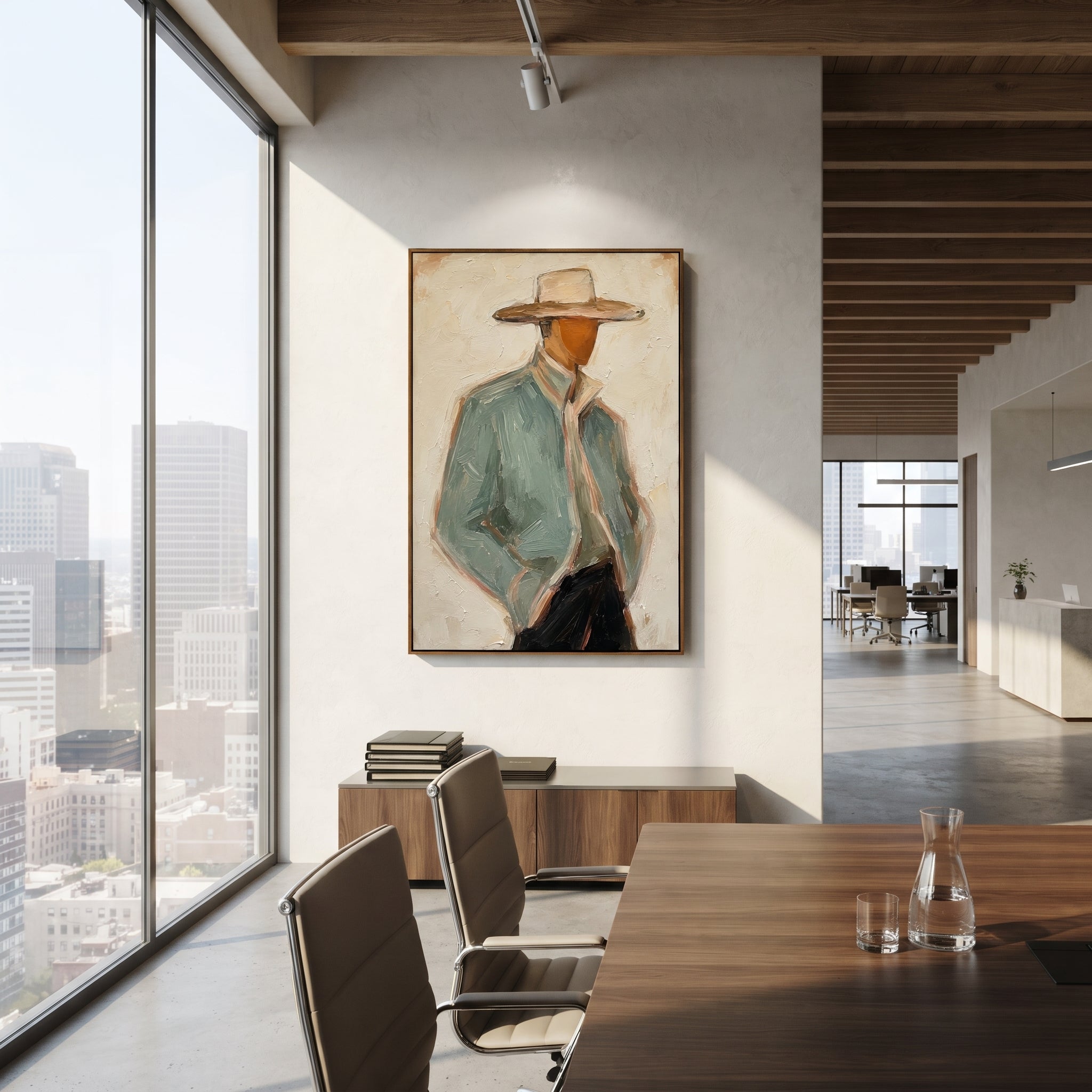 "Shadowed Sage Cowboy Portrait Painting" focuses on atmosphere, surface movement, and sculptural heavy impasto craftsmanship rather than a fixed literal storyline. The composition uses this hand-painted vertical canvas shows a close cropped cowboy in a wide tan hat and pale sage jacket, his face partly hidden by the brim as the visual anchor, while layered palette-knife paint, raised plaster-like texture, and softened brush movement create tactile depth across the canvas. Curated with a balanced