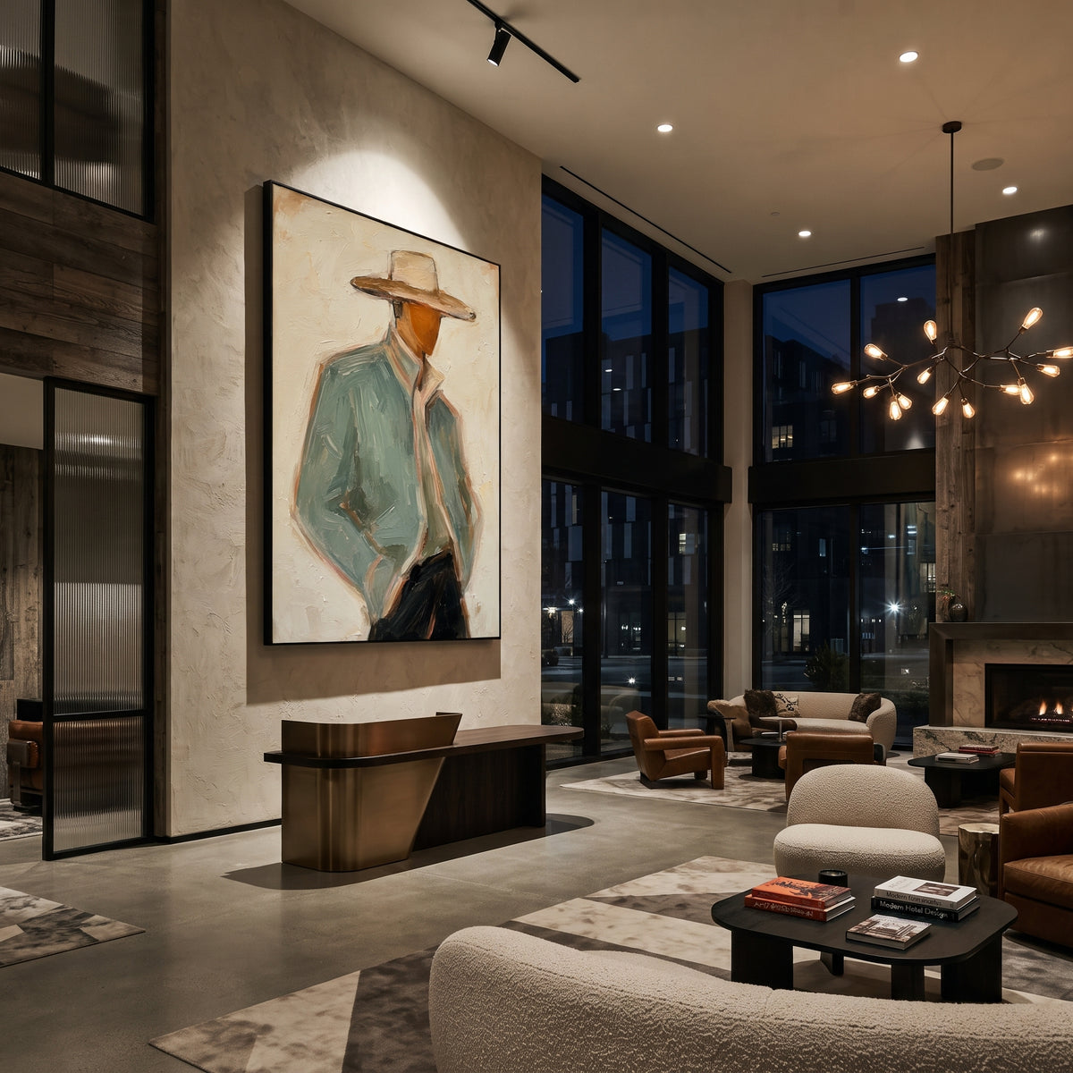 "Shadowed Sage Cowboy Portrait Painting" focuses on atmosphere, surface movement, and sculptural heavy impasto craftsmanship rather than a fixed literal storyline. The composition uses this hand-painted vertical canvas shows a close cropped cowboy in a wide tan hat and pale sage jacket, his face partly hidden by the brim as the visual anchor, while layered palette-knife paint, raised plaster-like texture, and softened brush movement create tactile depth across the canvas. Curated with a balanced
