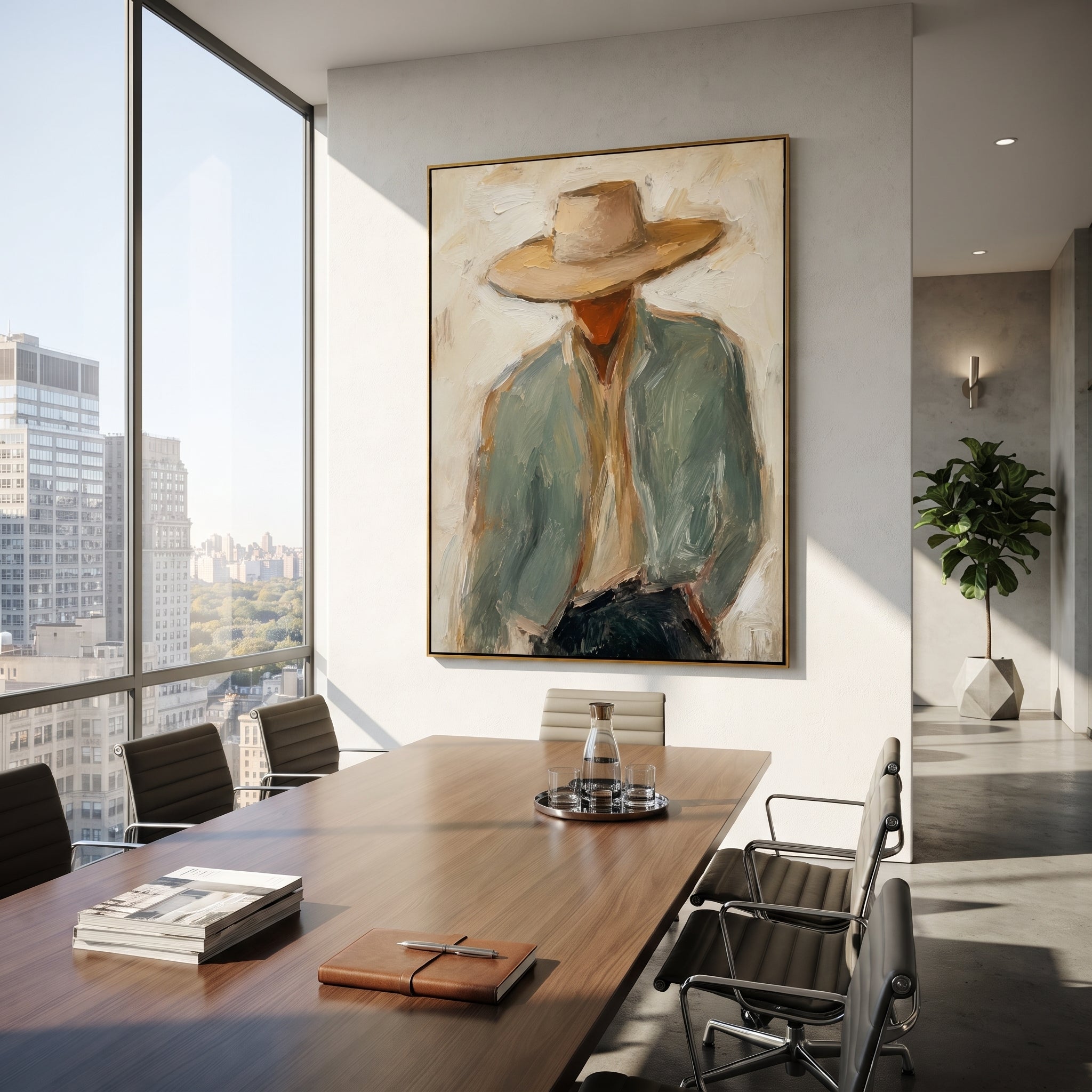 "Large Hat Cowboy Bust Painting" focuses on atmosphere, surface movement, and sculptural heavy impasto craftsmanship rather than a fixed literal storyline. The composition uses this hand-painted vertical canvas presents a cowboy bust dominated by a wide beige hat, rust brown face, pale green jacket, and cream shirt as the visual anchor, while layered palette-knife paint, raised plaster-like texture, and softened brush movement create tactile depth across the canvas. Curated with a balanced