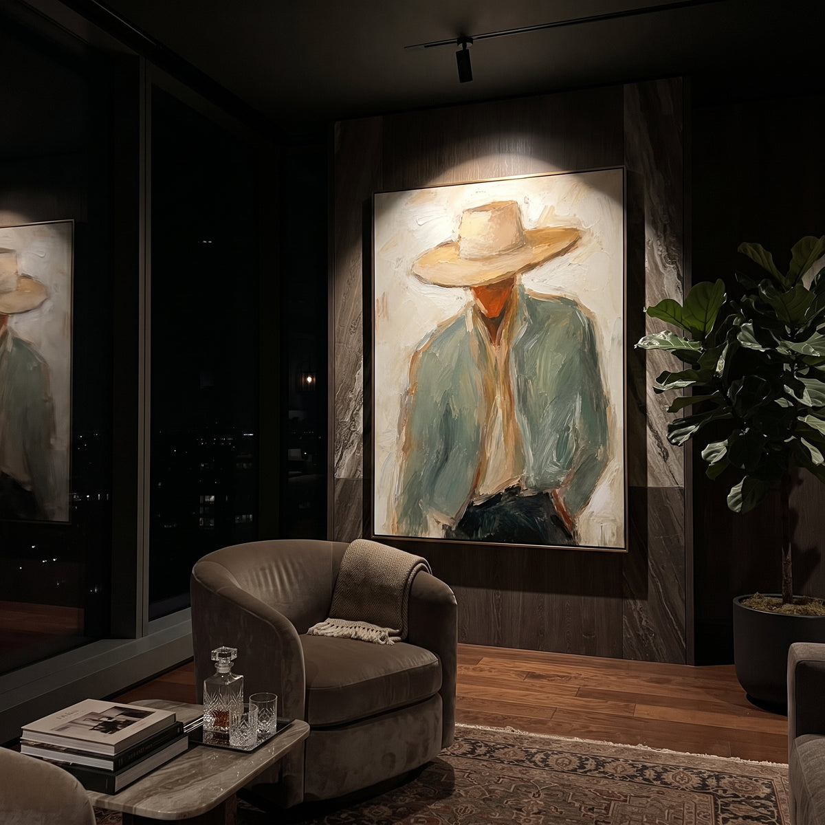 "Large Hat Cowboy Bust Painting" focuses on atmosphere, surface movement, and sculptural heavy impasto craftsmanship rather than a fixed literal storyline. The composition uses this hand-painted vertical canvas presents a cowboy bust dominated by a wide beige hat, rust brown face, pale green jacket, and cream shirt as the visual anchor, while layered palette-knife paint, raised plaster-like texture, and softened brush movement create tactile depth across the canvas. Curated with a balanced