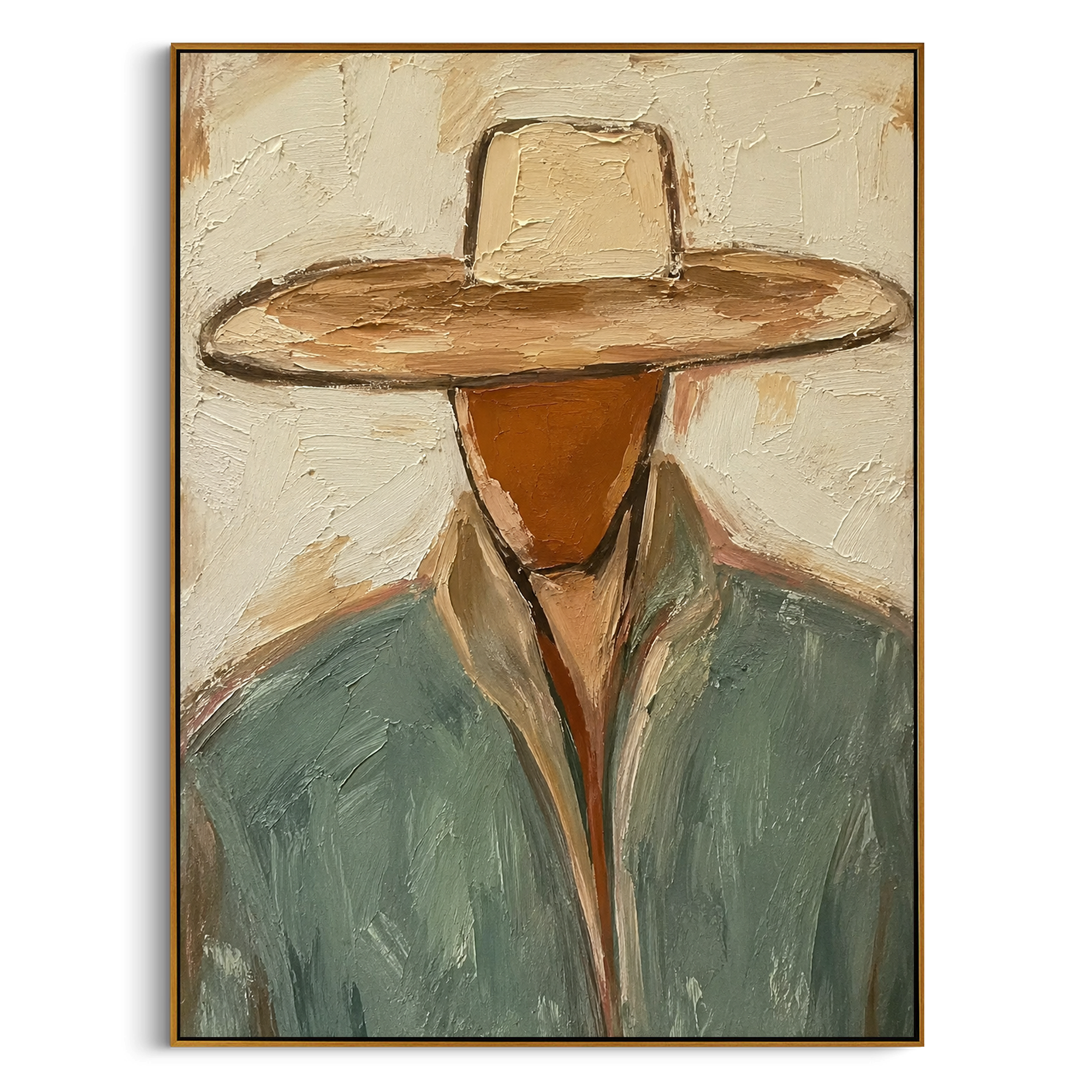 "Tan Hat Western Bust Painting" focuses on atmosphere, surface movement, and sculptural heavy impasto craftsmanship rather than a fixed literal storyline. The composition uses this hand-painted vertical canvas features a near bust-length cowboy with a broad tan hat pulled low over a faceless rust-toned head as the visual anchor, while layered palette-knife paint, raised plaster-like texture, and softened brush movement create tactile depth across the canvas. Curated with a balanced beige, green