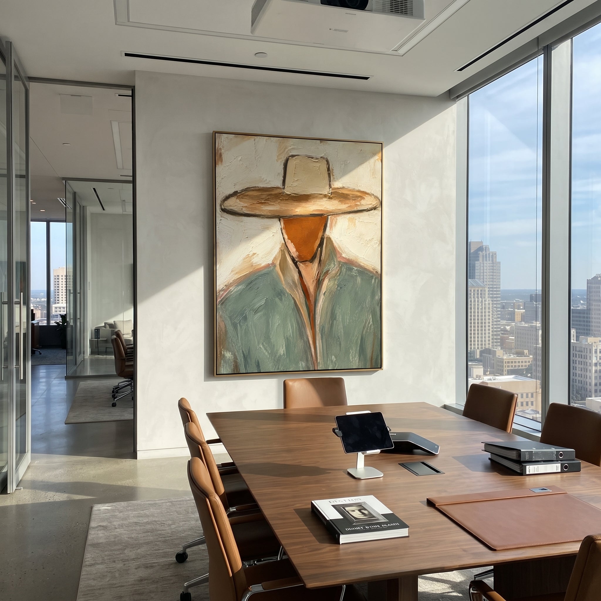 "Tan Hat Western Bust Painting" focuses on atmosphere, surface movement, and sculptural heavy impasto craftsmanship rather than a fixed literal storyline. The composition uses this hand-painted vertical canvas features a near bust-length cowboy with a broad tan hat pulled low over a faceless rust-toned head as the visual anchor, while layered palette-knife paint, raised plaster-like texture, and softened brush movement create tactile depth across the canvas. Curated with a balanced beige, green
