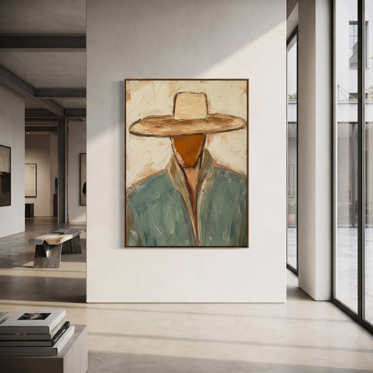 "Tan Hat Western Bust Painting" focuses on atmosphere, surface movement, and sculptural heavy impasto craftsmanship rather than a fixed literal storyline. The composition uses this hand-painted vertical canvas features a near bust-length cowboy with a broad tan hat pulled low over a faceless rust-toned head as the visual anchor, while layered palette-knife paint, raised plaster-like texture, and softened brush movement create tactile depth across the canvas. Curated with a balanced beige, green