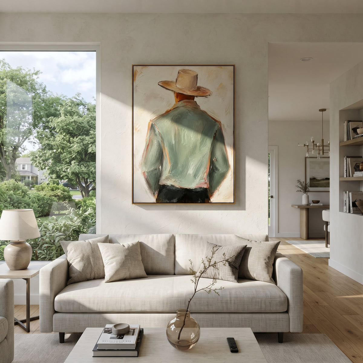 "Side Turn Sage Cowboy Painting" focuses on atmosphere, surface movement, and sculptural heavy impasto craftsmanship rather than a fixed literal storyline. The composition uses this hand-painted vertical canvas shows a side-turned cowboy in a pale green jacket and wide beige hat, with black trousers and warm brown face tones as the visual anchor, while layered palette-knife paint, raised plaster-like texture, and softened brush movement create tactile depth across the canvas. Curated with a