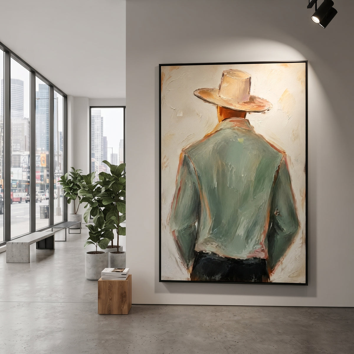 "Side Turn Sage Cowboy Painting" focuses on atmosphere, surface movement, and sculptural heavy impasto craftsmanship rather than a fixed literal storyline. The composition uses this hand-painted vertical canvas shows a side-turned cowboy in a pale green jacket and wide beige hat, with black trousers and warm brown face tones as the visual anchor, while layered palette-knife paint, raised plaster-like texture, and softened brush movement create tactile depth across the canvas. Curated with a