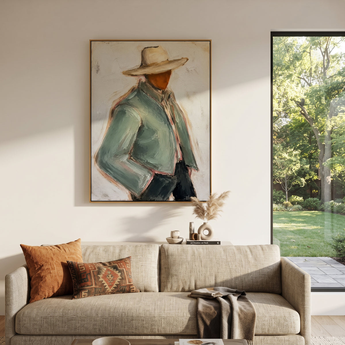 "Back View Sage Cowboy Painting" focuses on atmosphere, surface movement, and sculptural heavy impasto craftsmanship rather than a fixed literal storyline. The composition uses this hand-painted vertical canvas depicts the back view of a cowboy in a pale sage jacket and wide tan hat as the visual anchor, while layered palette-knife paint, raised plaster-like texture, and softened brush movement create tactile depth across the canvas. Curated with a balanced green, beige, black palette, the