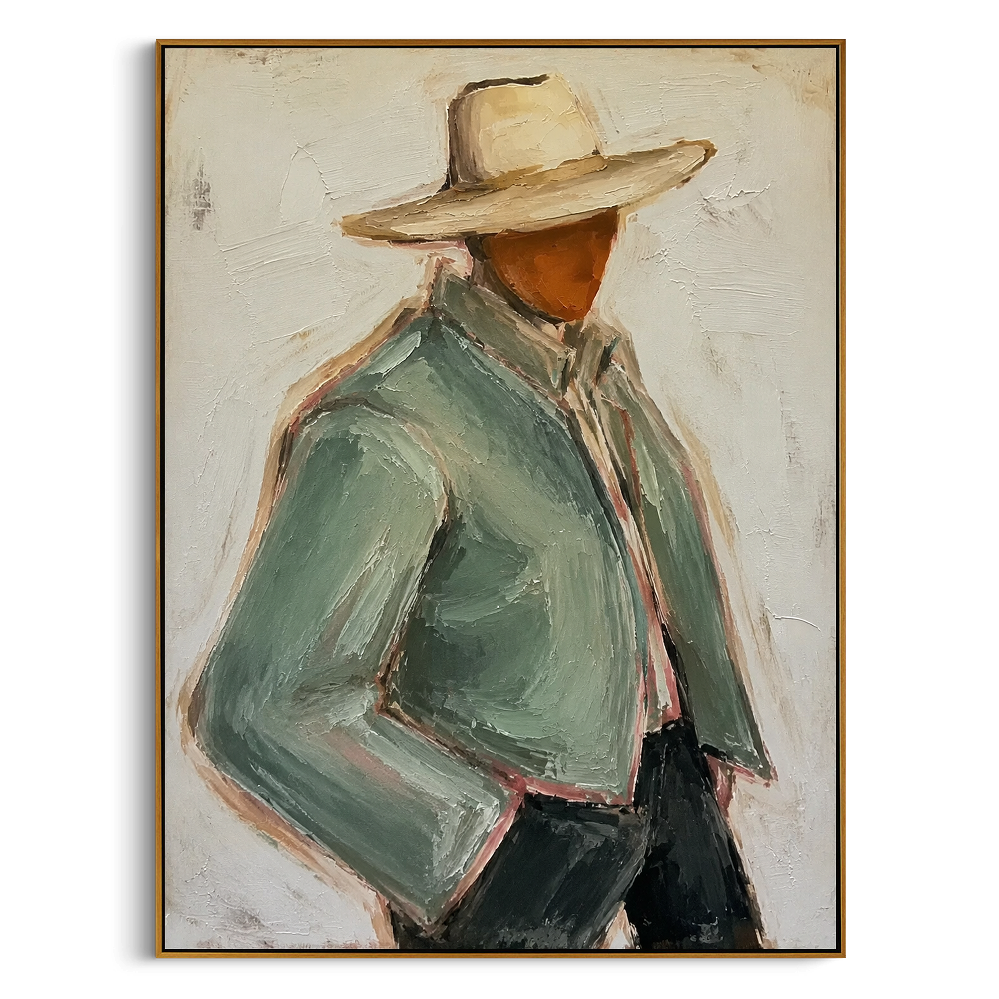 "Back View Sage Cowboy Painting" focuses on atmosphere, surface movement, and sculptural heavy impasto craftsmanship rather than a fixed literal storyline. The composition uses this hand-painted vertical canvas depicts the back view of a cowboy in a pale sage jacket and wide tan hat as the visual anchor, while layered palette-knife paint, raised plaster-like texture, and softened brush movement create tactile depth across the canvas. Curated with a balanced green, beige, black palette, the