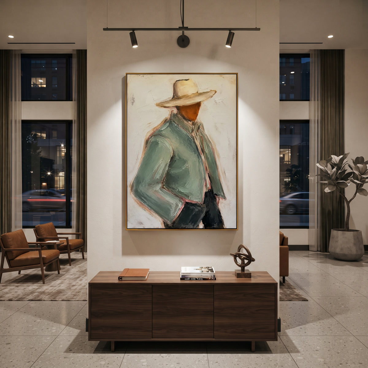"Back View Sage Cowboy Painting" focuses on atmosphere, surface movement, and sculptural heavy impasto craftsmanship rather than a fixed literal storyline. The composition uses this hand-painted vertical canvas depicts the back view of a cowboy in a pale sage jacket and wide tan hat as the visual anchor, while layered palette-knife paint, raised plaster-like texture, and softened brush movement create tactile depth across the canvas. Curated with a balanced green, beige, black palette, the