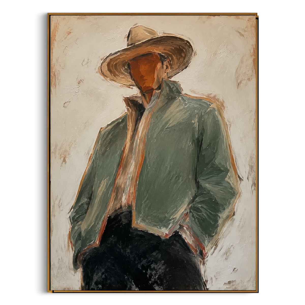 "Leaning Sage Jacket Cowboy Painting" focuses on atmosphere, surface movement, and sculptural heavy impasto craftsmanship rather than a fixed literal storyline. The composition uses this hand-painted vertical canvas shows a leaning cowboy in a broad brown hat, pale sage jacket, cream scarf, and black trousers as the visual anchor, while layered palette-knife paint, raised plaster-like texture, and softened brush movement create tactile depth across the canvas. Curated with a balanced green