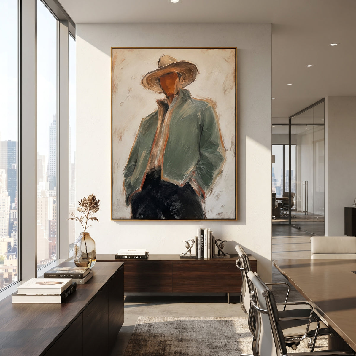 "Leaning Sage Jacket Cowboy Painting" focuses on atmosphere, surface movement, and sculptural heavy impasto craftsmanship rather than a fixed literal storyline. The composition uses this hand-painted vertical canvas shows a leaning cowboy in a broad brown hat, pale sage jacket, cream scarf, and black trousers as the visual anchor, while layered palette-knife paint, raised plaster-like texture, and softened brush movement create tactile depth across the canvas. Curated with a balanced green
