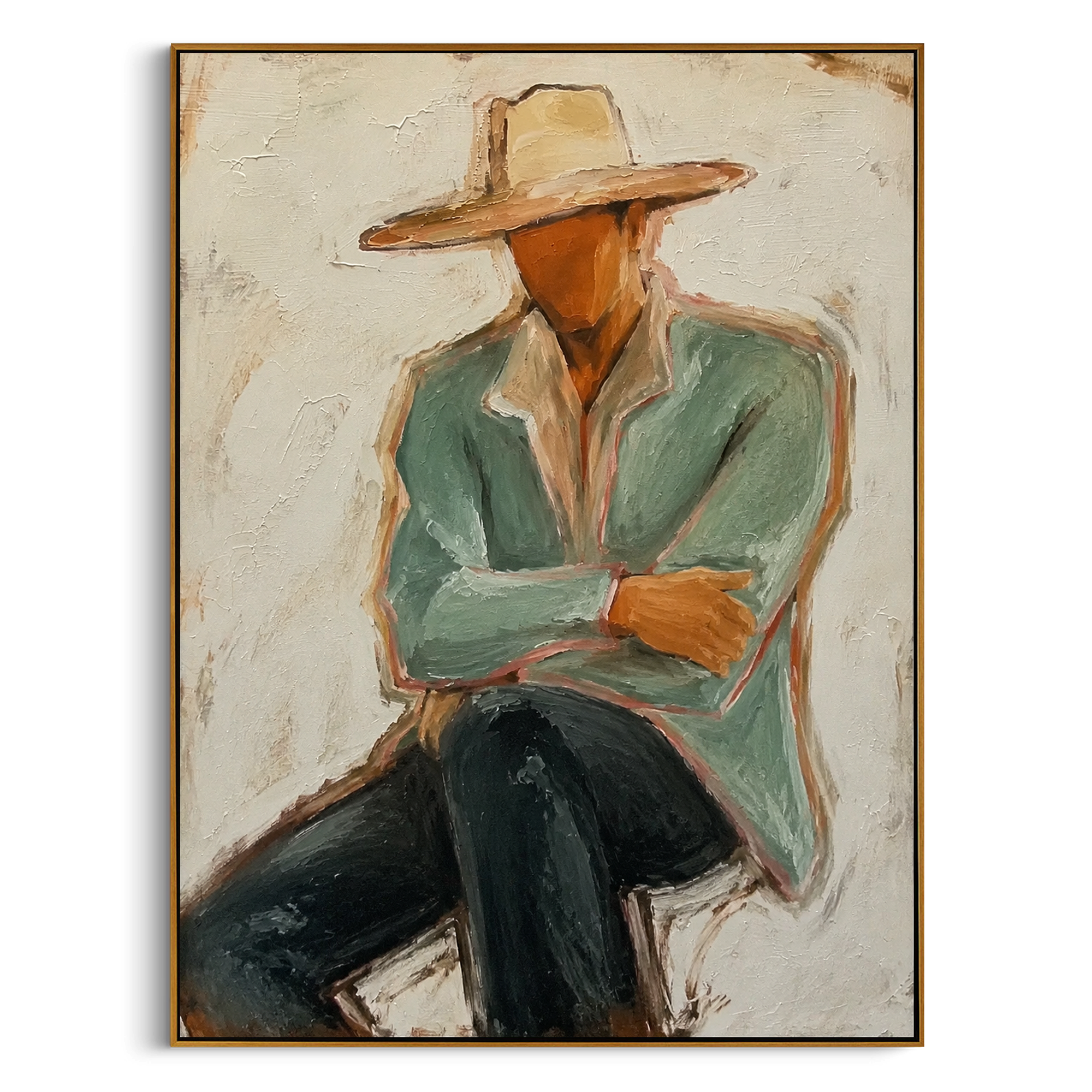 "Low Brim Cowboy Figure Painting" focuses on atmosphere, surface movement, and sculptural heavy impasto craftsmanship rather than a fixed literal storyline. The composition uses this hand-painted vertical canvas presents a faceless cowboy under a low wide beige hat, wearing a muted sage jacket and cream shirt as the visual anchor, while layered palette-knife paint, raised plaster-like texture, and softened brush movement create tactile depth across the canvas. Curated with a balanced green
