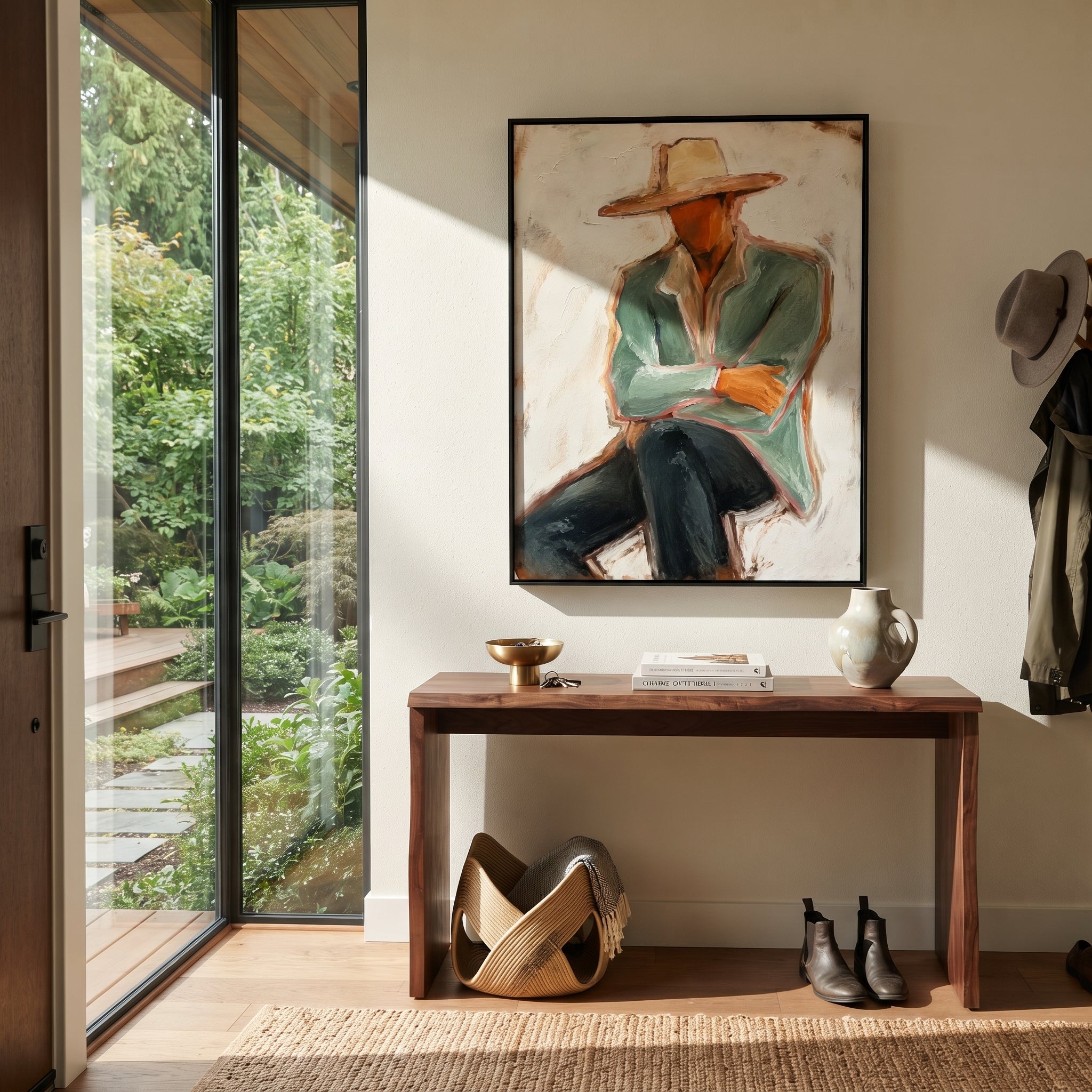 "Low Brim Cowboy Figure Painting" focuses on atmosphere, surface movement, and sculptural heavy impasto craftsmanship rather than a fixed literal storyline. The composition uses this hand-painted vertical canvas presents a faceless cowboy under a low wide beige hat, wearing a muted sage jacket and cream shirt as the visual anchor, while layered palette-knife paint, raised plaster-like texture, and softened brush movement create tactile depth across the canvas. Curated with a balanced green