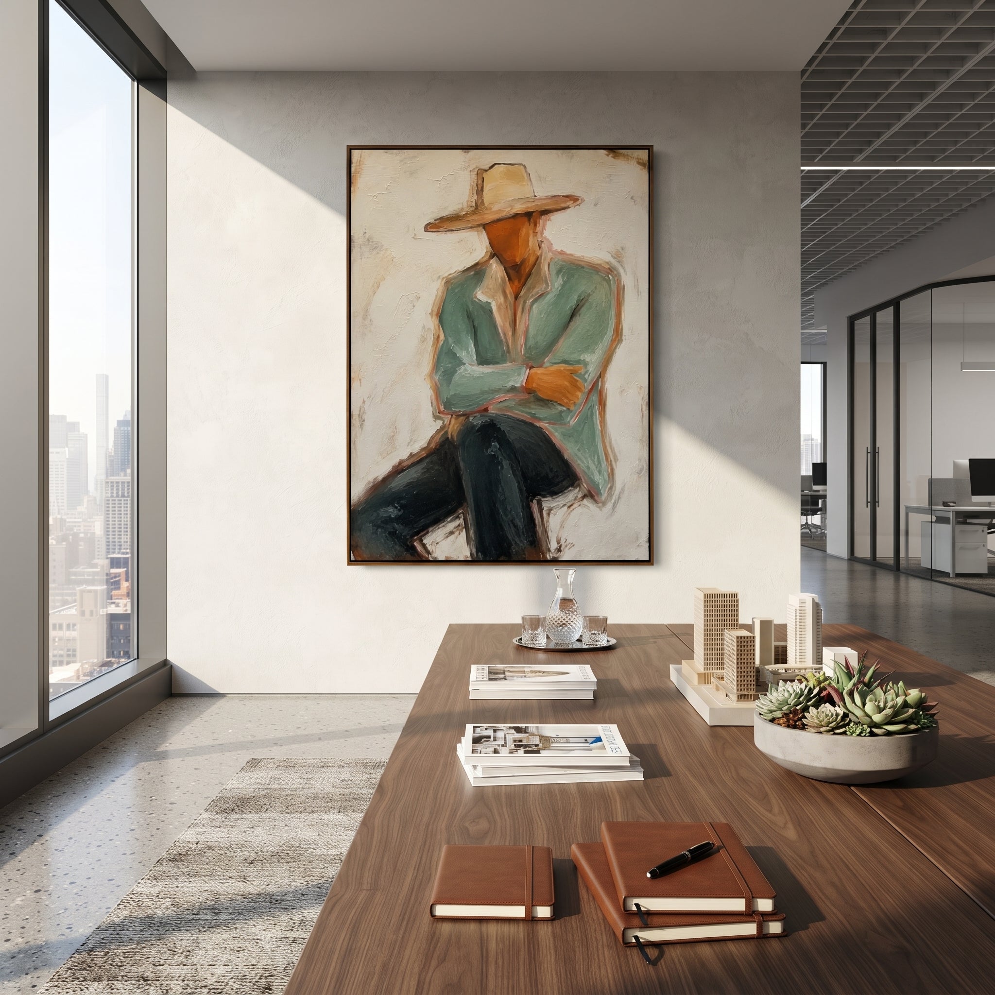 "Low Brim Cowboy Figure Painting" focuses on atmosphere, surface movement, and sculptural heavy impasto craftsmanship rather than a fixed literal storyline. The composition uses this hand-painted vertical canvas presents a faceless cowboy under a low wide beige hat, wearing a muted sage jacket and cream shirt as the visual anchor, while layered palette-knife paint, raised plaster-like texture, and softened brush movement create tactile depth across the canvas. Curated with a balanced green