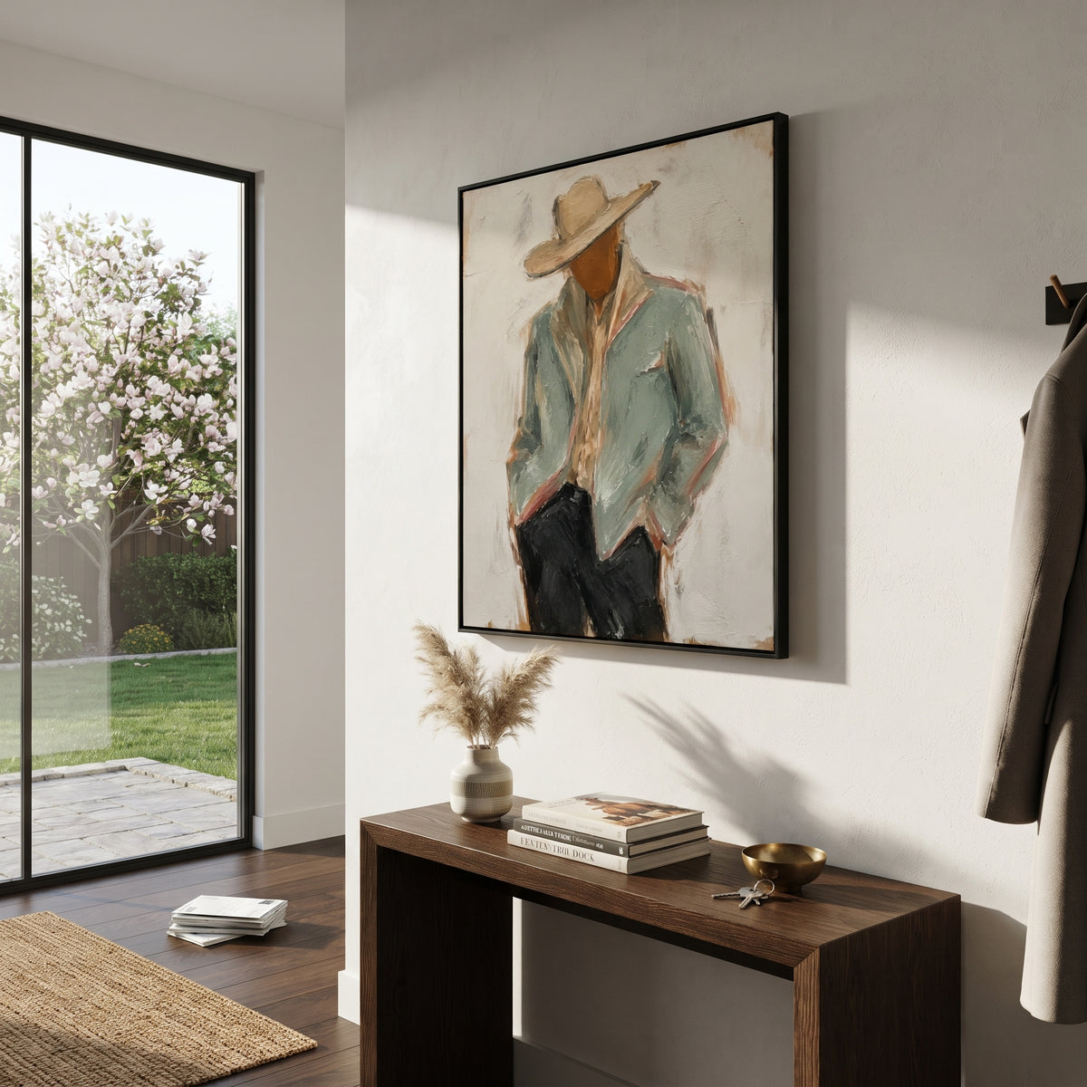"Back Turn Cowboy Jacket Painting" focuses on atmosphere, surface movement, and sculptural heavy impasto craftsmanship rather than a fixed literal storyline. The composition uses this hand-painted vertical canvas depicts a cowboy from behind, with a pale sage jacket filling the frame beneath a wide beige hat as the visual anchor, while layered palette-knife paint, raised plaster-like texture, and softened brush movement create tactile depth across the canvas. Curated with a balanced green