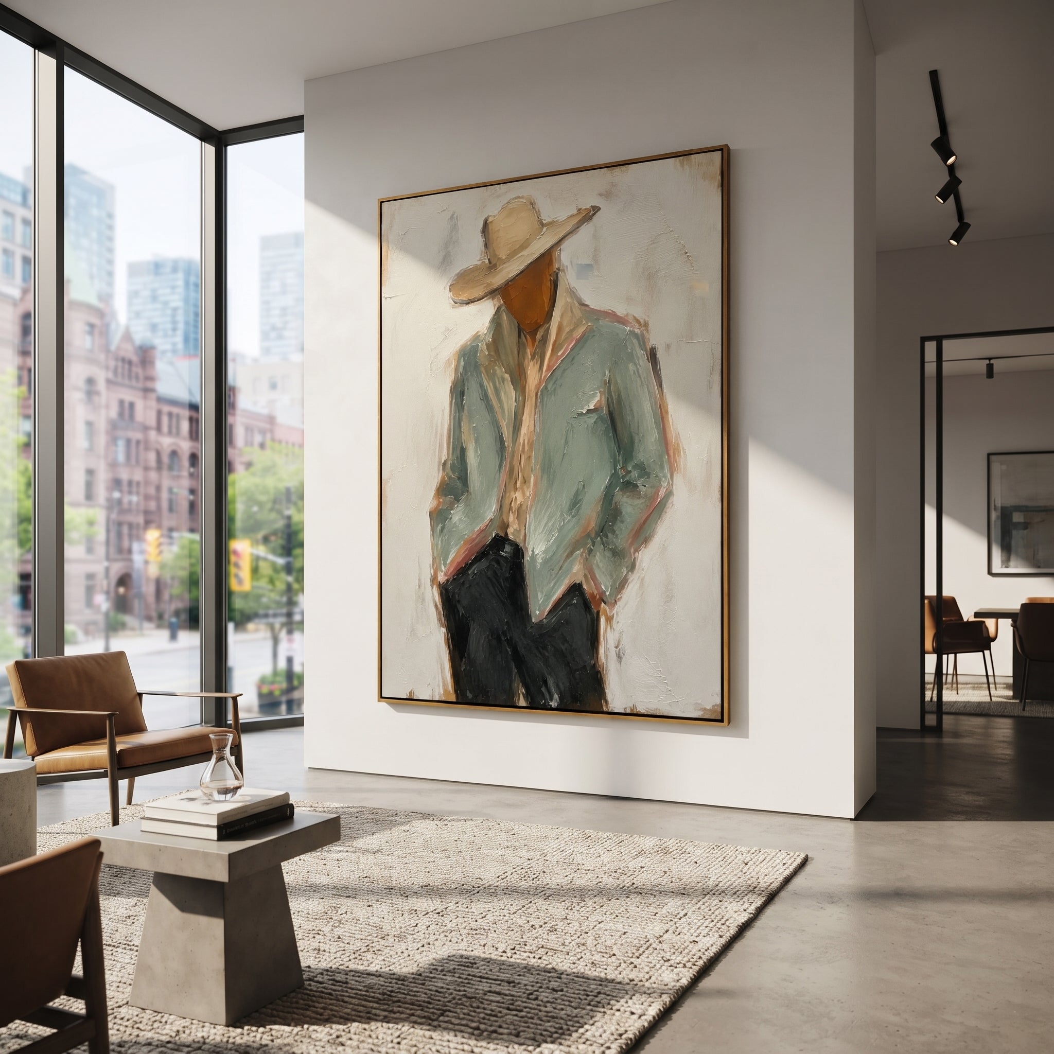 "Back Turn Cowboy Jacket Painting" focuses on atmosphere, surface movement, and sculptural heavy impasto craftsmanship rather than a fixed literal storyline. The composition uses this hand-painted vertical canvas depicts a cowboy from behind, with a pale sage jacket filling the frame beneath a wide beige hat as the visual anchor, while layered palette-knife paint, raised plaster-like texture, and softened brush movement create tactile depth across the canvas. Curated with a balanced green