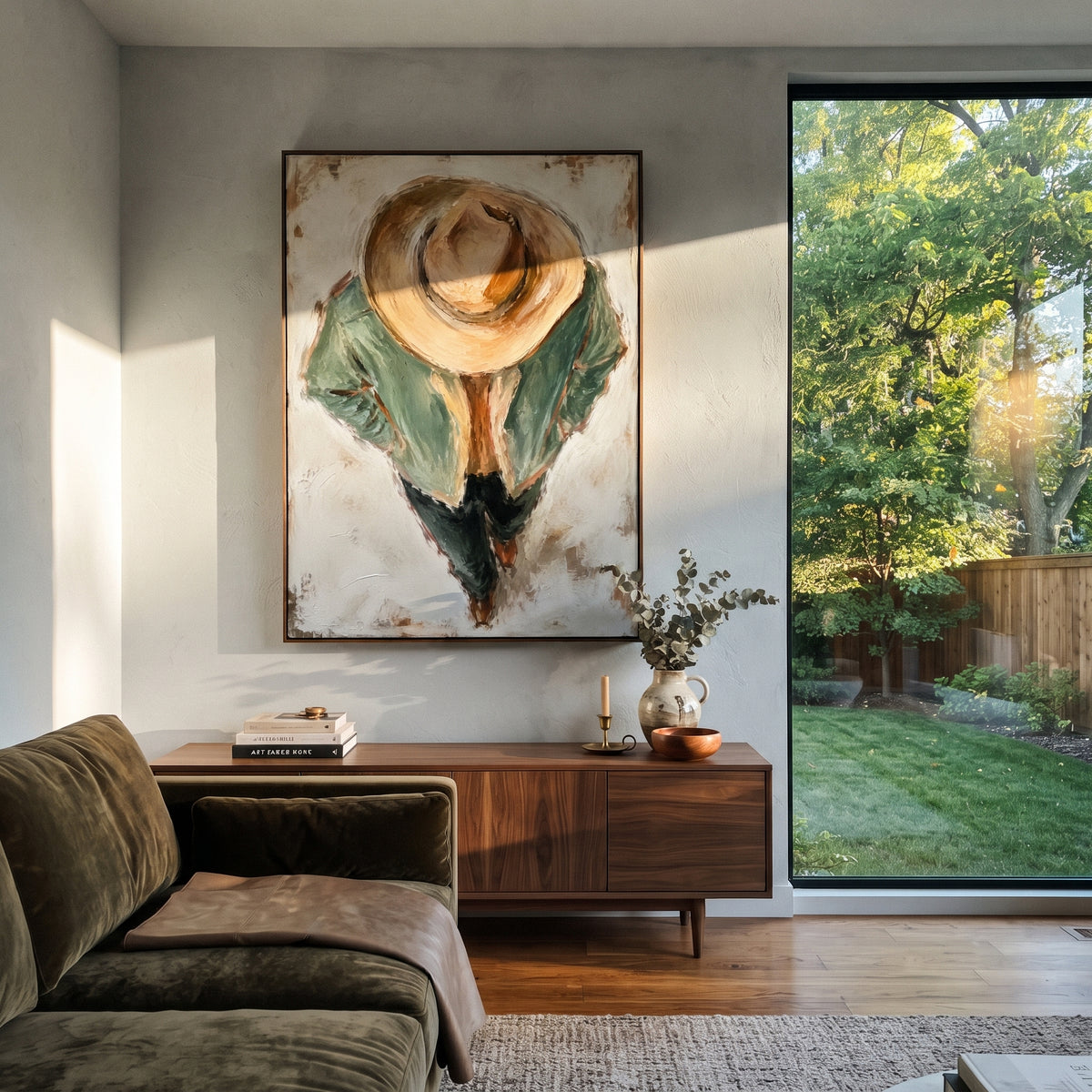 "Top Down Cowboy Hat Painting" focuses on atmosphere, surface movement, and sculptural heavy impasto craftsmanship rather than a fixed literal storyline. The composition uses this hand-painted vertical canvas shows a cowboy from a high viewpoint, the large tan hat dominating the center above a pale sage jacket and dark trousers as the visual anchor, while layered palette-knife paint, raised plaster-like texture, and softened brush movement create tactile depth across the canvas. Curated with a