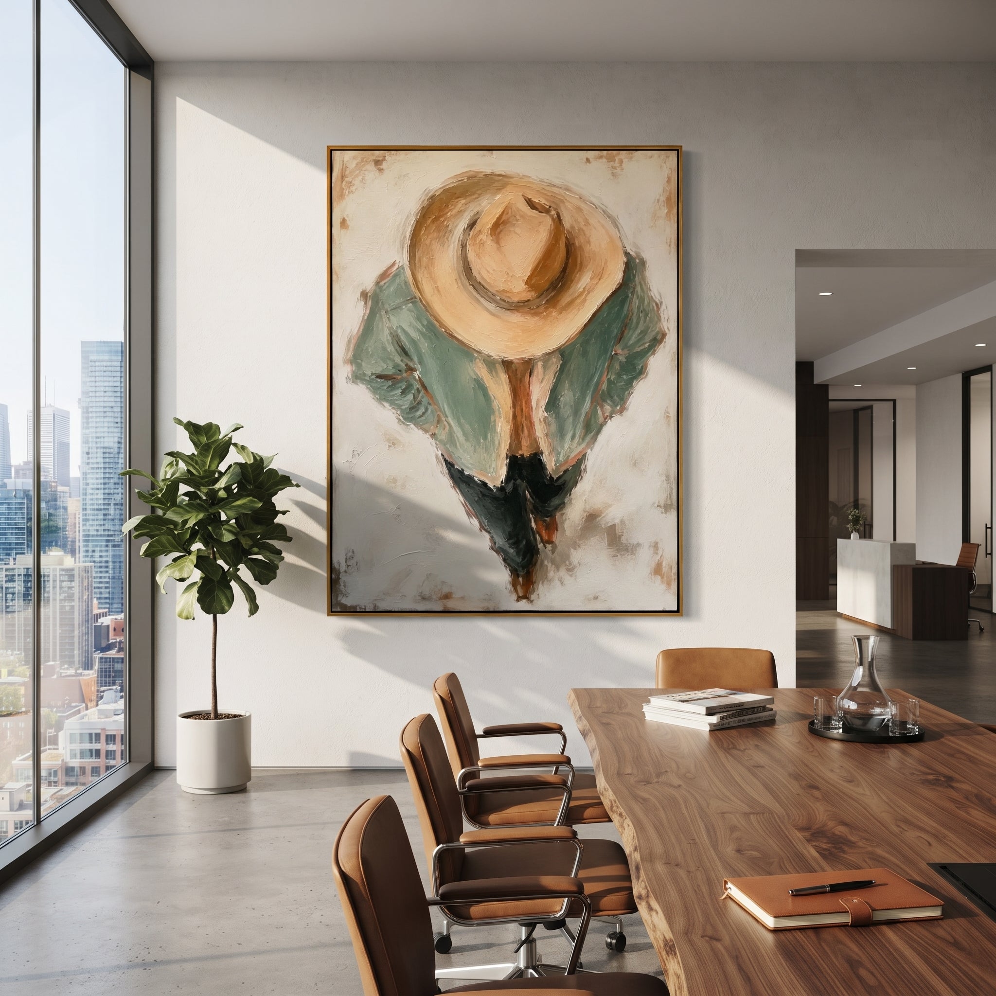 "Top Down Cowboy Hat Painting" focuses on atmosphere, surface movement, and sculptural heavy impasto craftsmanship rather than a fixed literal storyline. The composition uses this hand-painted vertical canvas shows a cowboy from a high viewpoint, the large tan hat dominating the center above a pale sage jacket and dark trousers as the visual anchor, while layered palette-knife paint, raised plaster-like texture, and softened brush movement create tactile depth across the canvas. Curated with a