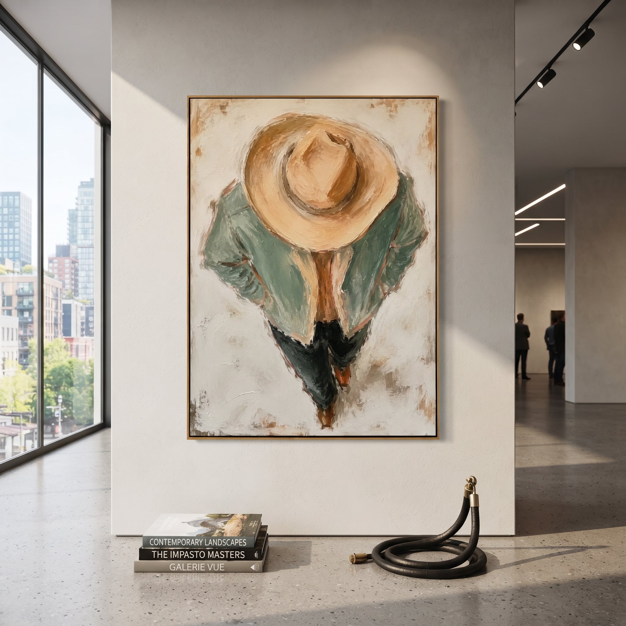 "Top Down Cowboy Hat Painting" focuses on atmosphere, surface movement, and sculptural heavy impasto craftsmanship rather than a fixed literal storyline. The composition uses this hand-painted vertical canvas shows a cowboy from a high viewpoint, the large tan hat dominating the center above a pale sage jacket and dark trousers as the visual anchor, while layered palette-knife paint, raised plaster-like texture, and softened brush movement create tactile depth across the canvas. Curated with a