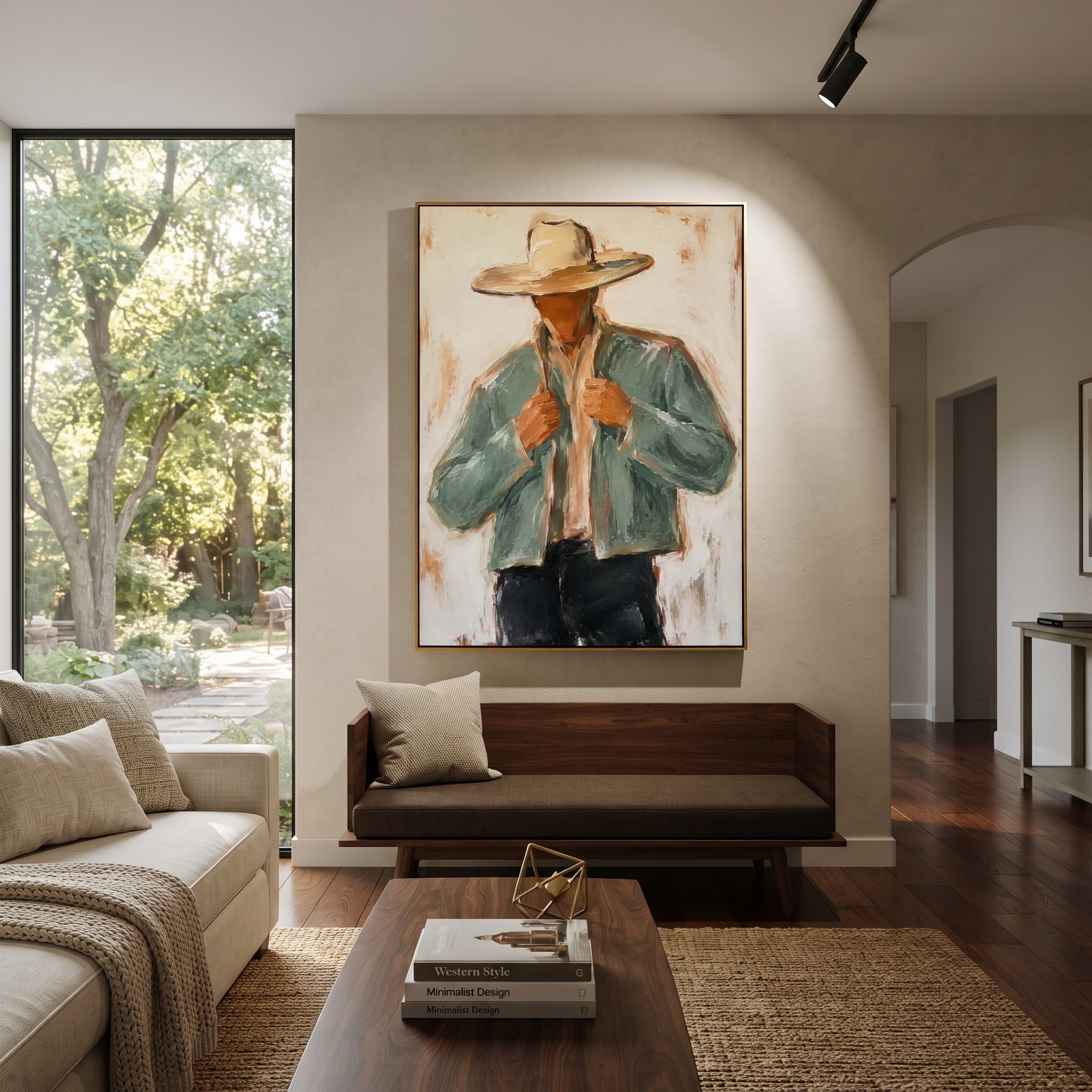 "Jacket Lapel Cowboy Painting" focuses on atmosphere, surface movement, and sculptural heavy impasto craftsmanship rather than a fixed literal storyline. The composition uses this hand-painted vertical canvas features a cowboy pulling both sides of his pale sage jacket beneath a wide beige hat as the visual anchor, while layered palette-knife paint, raised plaster-like texture, and softened brush movement create tactile depth across the canvas. Curated with a balanced green, beige, black