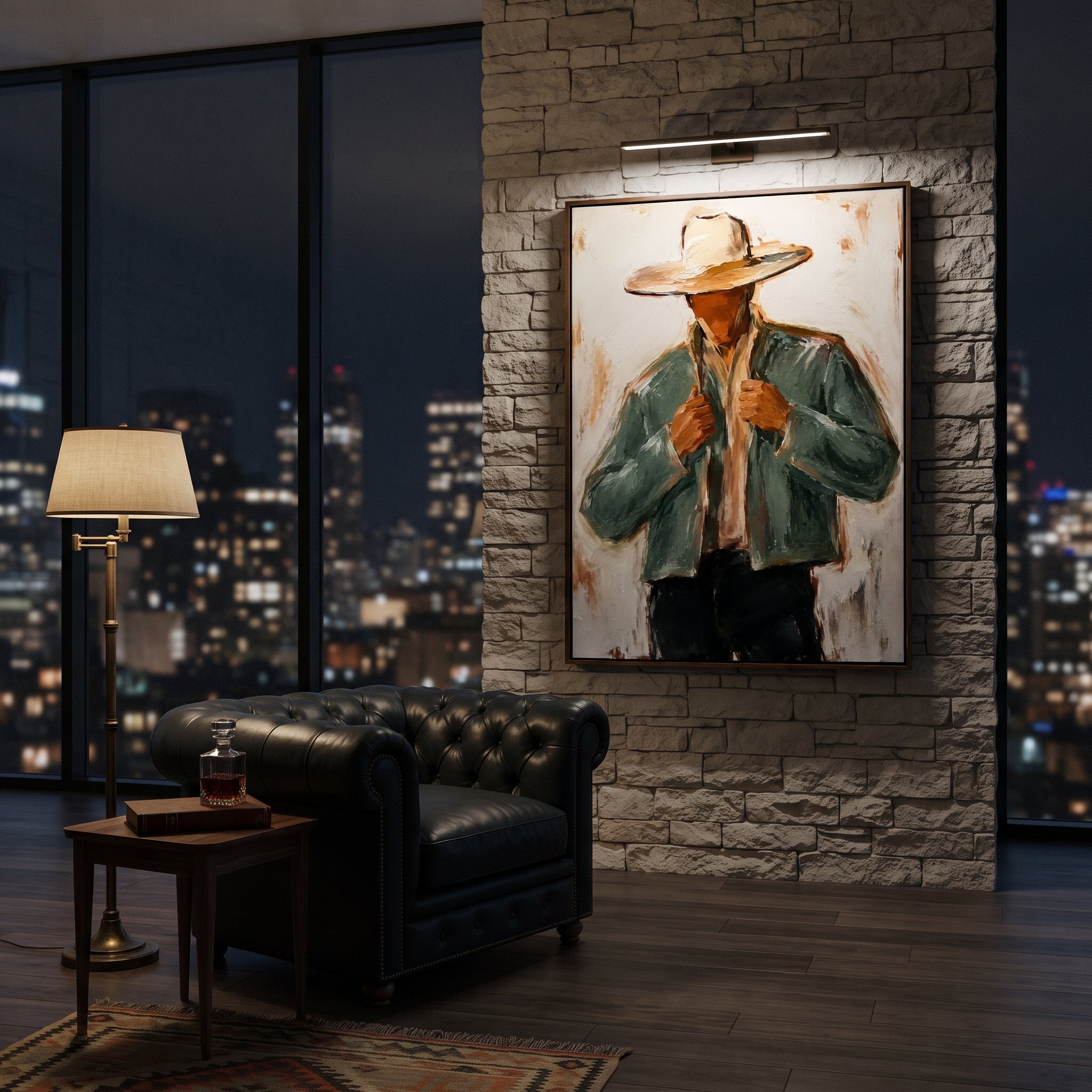 "Jacket Lapel Cowboy Painting" focuses on atmosphere, surface movement, and sculptural heavy impasto craftsmanship rather than a fixed literal storyline. The composition uses this hand-painted vertical canvas features a cowboy pulling both sides of his pale sage jacket beneath a wide beige hat as the visual anchor, while layered palette-knife paint, raised plaster-like texture, and softened brush movement create tactile depth across the canvas. Curated with a balanced green, beige, black