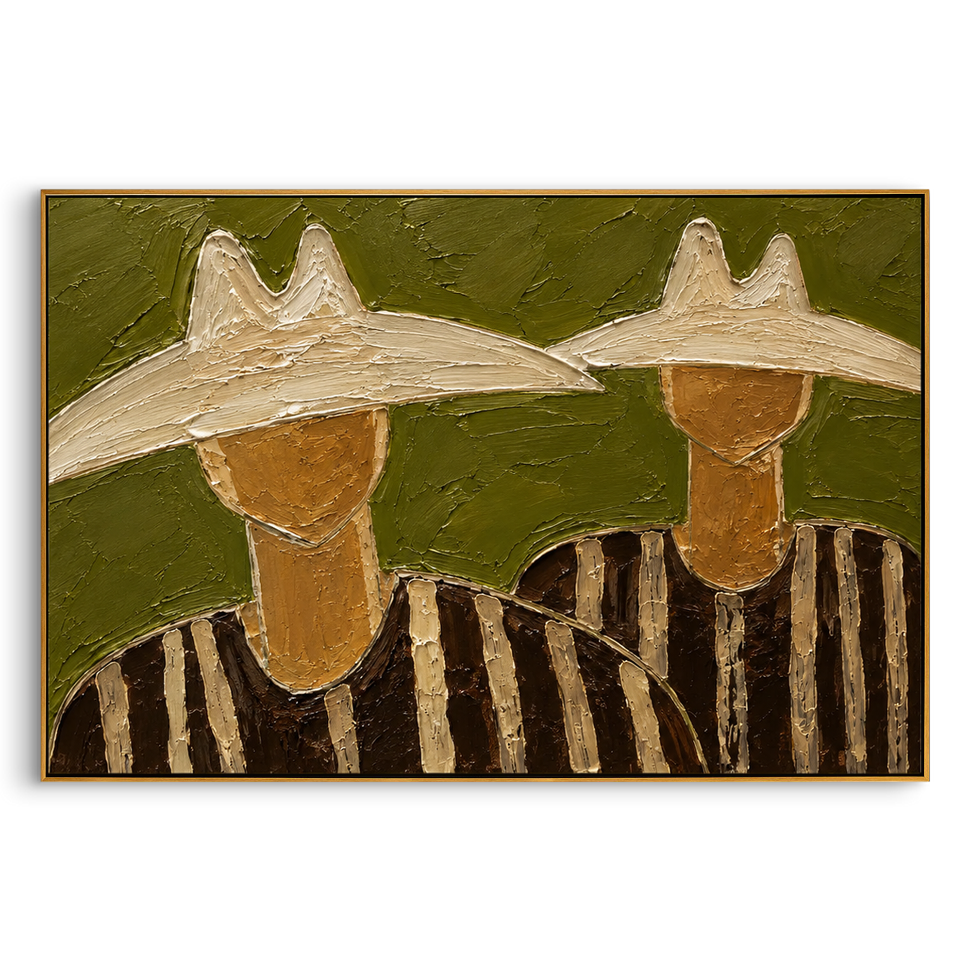 "Two Cowboy Hats Horizontal Painting" focuses on atmosphere, surface movement, and sculptural heavy impasto craftsmanship rather than a fixed literal storyline. The composition uses this hand-painted horizontal canvas shows two cowboy upper bodies under oversized cream hats, set against a muted olive green plaster ground as the visual anchor, while layered palette-knife paint, raised plaster-like texture, and softened brush movement create tactile depth across the canvas. Curated with a balanced