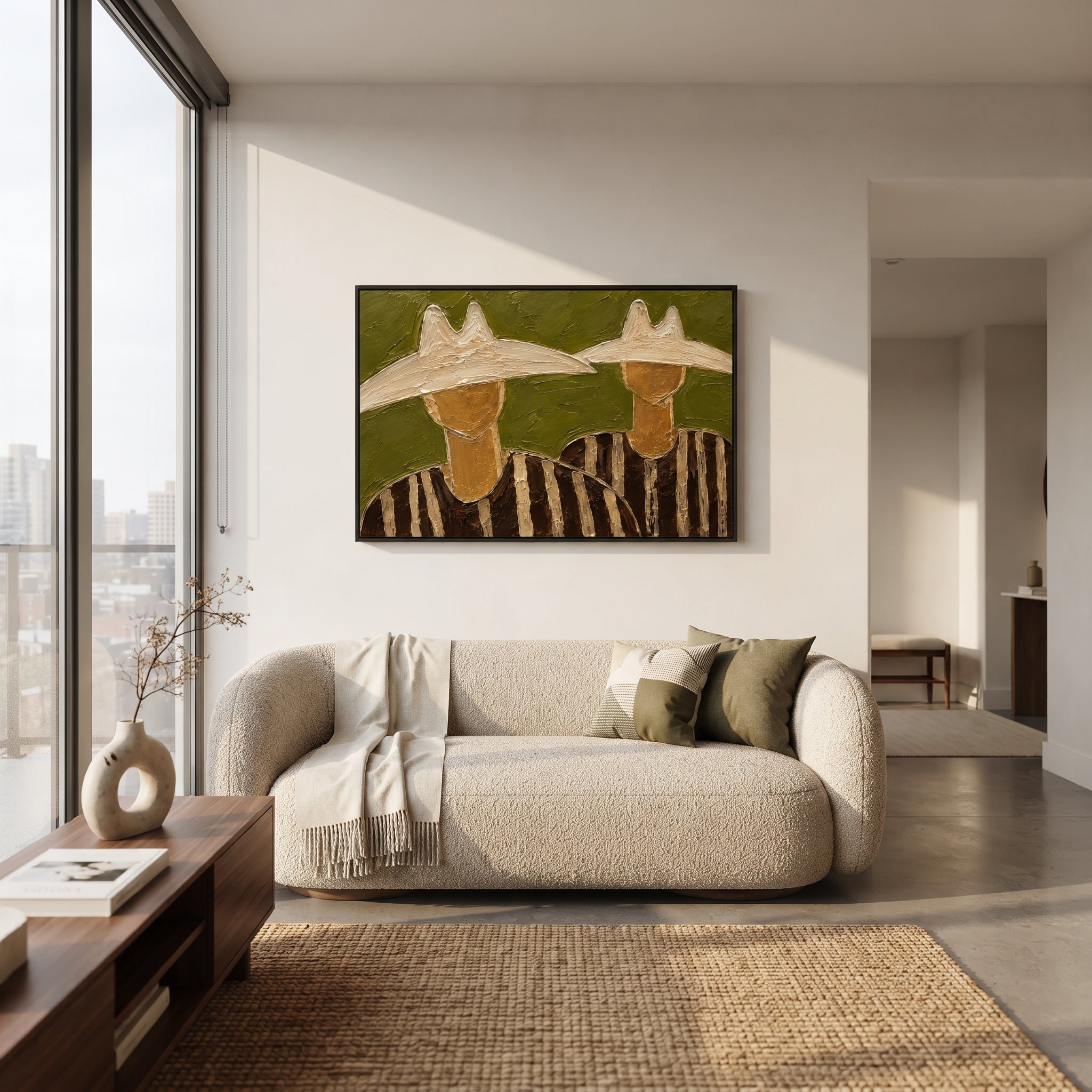 "Two Cowboy Hats Horizontal Painting" focuses on atmosphere, surface movement, and sculptural heavy impasto craftsmanship rather than a fixed literal storyline. The composition uses this hand-painted horizontal canvas shows two cowboy upper bodies under oversized cream hats, set against a muted olive green plaster ground as the visual anchor, while layered palette-knife paint, raised plaster-like texture, and softened brush movement create tactile depth across the canvas. Curated with a balanced