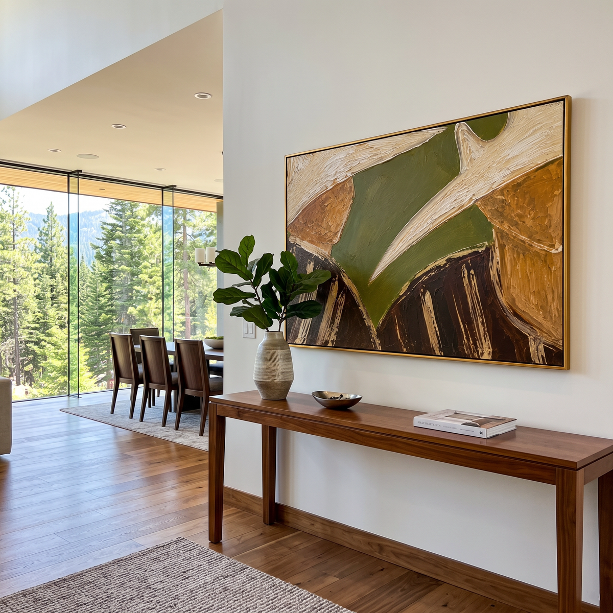 "Close Pair Cowboy Hat Painting" focuses on atmosphere, surface movement, and sculptural heavy impasto craftsmanship rather than a fixed literal storyline. The composition uses this hand-painted horizontal canvas presents a close crop of two cowboys with broad pale hats and partially hidden faces as the visual anchor, while layered palette-knife paint, raised plaster-like texture, and softened brush movement create tactile depth across the canvas. Curated with a balanced green, beige, brown