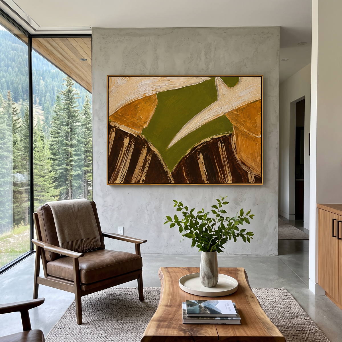 "Close Pair Cowboy Hat Painting" focuses on atmosphere, surface movement, and sculptural heavy impasto craftsmanship rather than a fixed literal storyline. The composition uses this hand-painted horizontal canvas presents a close crop of two cowboys with broad pale hats and partially hidden faces as the visual anchor, while layered palette-knife paint, raised plaster-like texture, and softened brush movement create tactile depth across the canvas. Curated with a balanced green, beige, brown