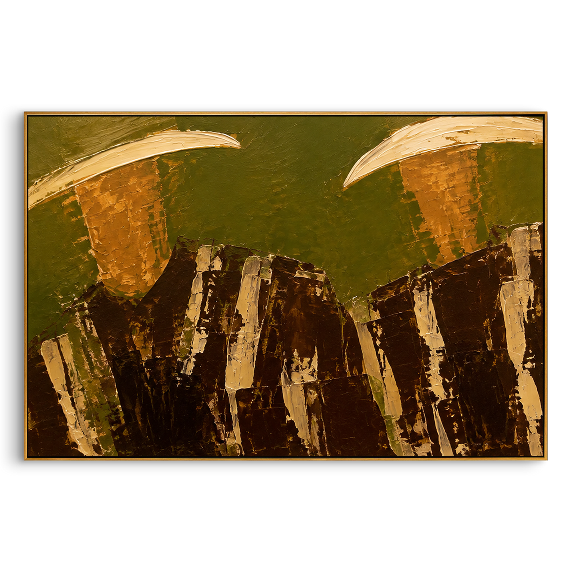 "Lower Crop Western Duo Painting" focuses on atmosphere, surface movement, and sculptural heavy impasto craftsmanship rather than a fixed literal storyline. The composition uses this hand-painted horizontal canvas focuses on two wide cowboy hats at the upper edge and dark brown striped torsos across the bottom as the visual anchor, while layered palette-knife paint, raised plaster-like texture, and softened brush movement create tactile depth across the canvas. Curated with a balanced green