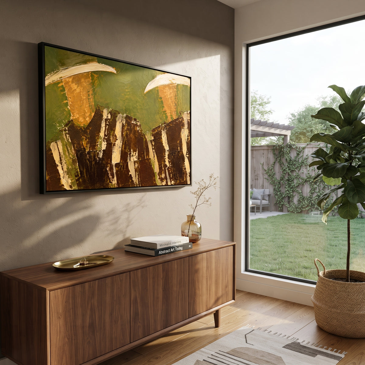 "Lower Crop Western Duo Painting" focuses on atmosphere, surface movement, and sculptural heavy impasto craftsmanship rather than a fixed literal storyline. The composition uses this hand-painted horizontal canvas focuses on two wide cowboy hats at the upper edge and dark brown striped torsos across the bottom as the visual anchor, while layered palette-knife paint, raised plaster-like texture, and softened brush movement create tactile depth across the canvas. Curated with a balanced green