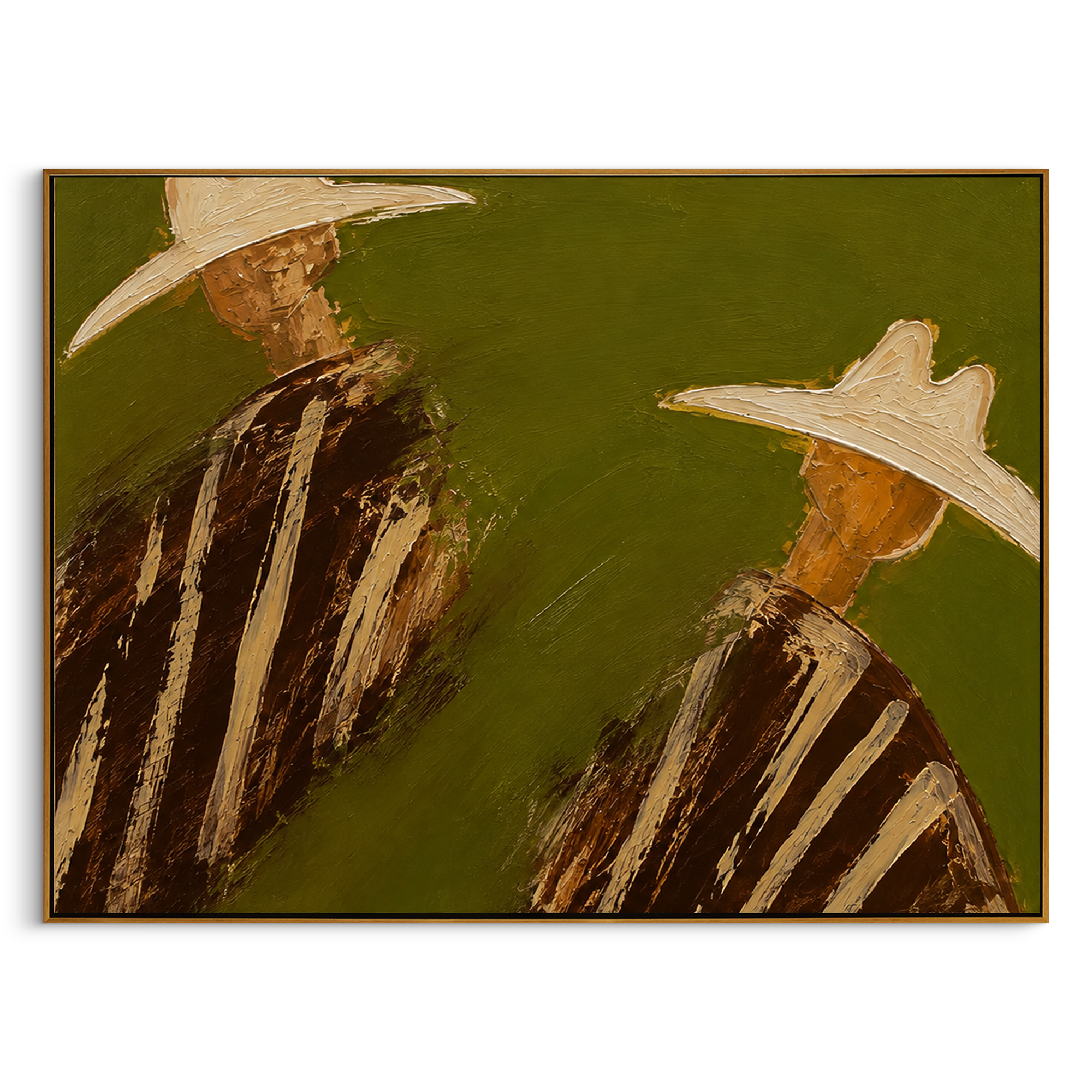 "Angled Two Cowboy Portrait Painting" focuses on atmosphere, surface movement, and sculptural heavy impasto craftsmanship rather than a fixed literal storyline. The composition uses this hand-painted horizontal canvas depicts two cowboys angled apart beneath oversized cream hats, wearing brown striped western garments on an olive green plaster background as the visual anchor, while layered palette-knife paint, raised plaster-like texture, and softened brush movement create tactile depth across