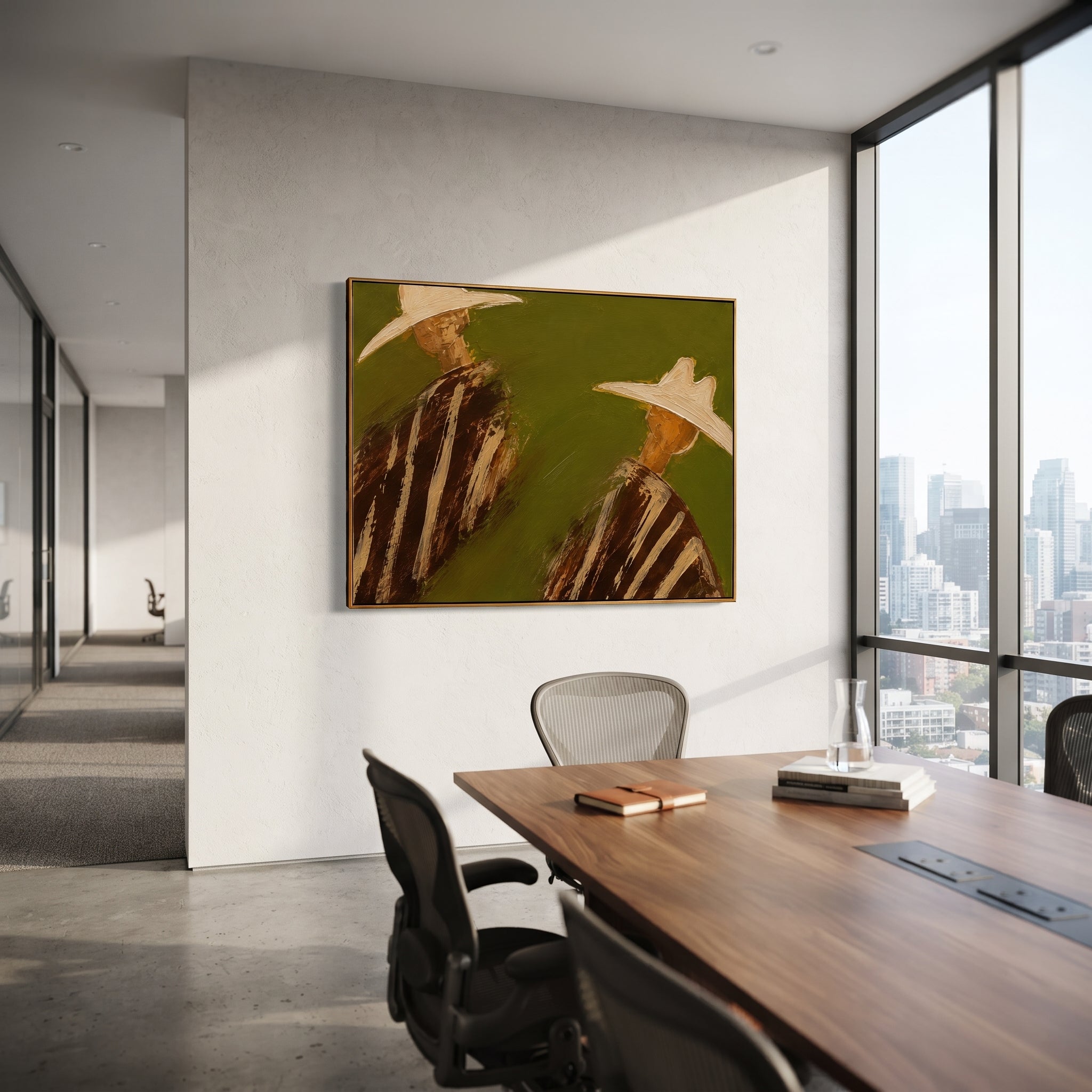 "Angled Two Cowboy Portrait Painting" focuses on atmosphere, surface movement, and sculptural heavy impasto craftsmanship rather than a fixed literal storyline. The composition uses this hand-painted horizontal canvas depicts two cowboys angled apart beneath oversized cream hats, wearing brown striped western garments on an olive green plaster background as the visual anchor, while layered palette-knife paint, raised plaster-like texture, and softened brush movement create tactile depth across