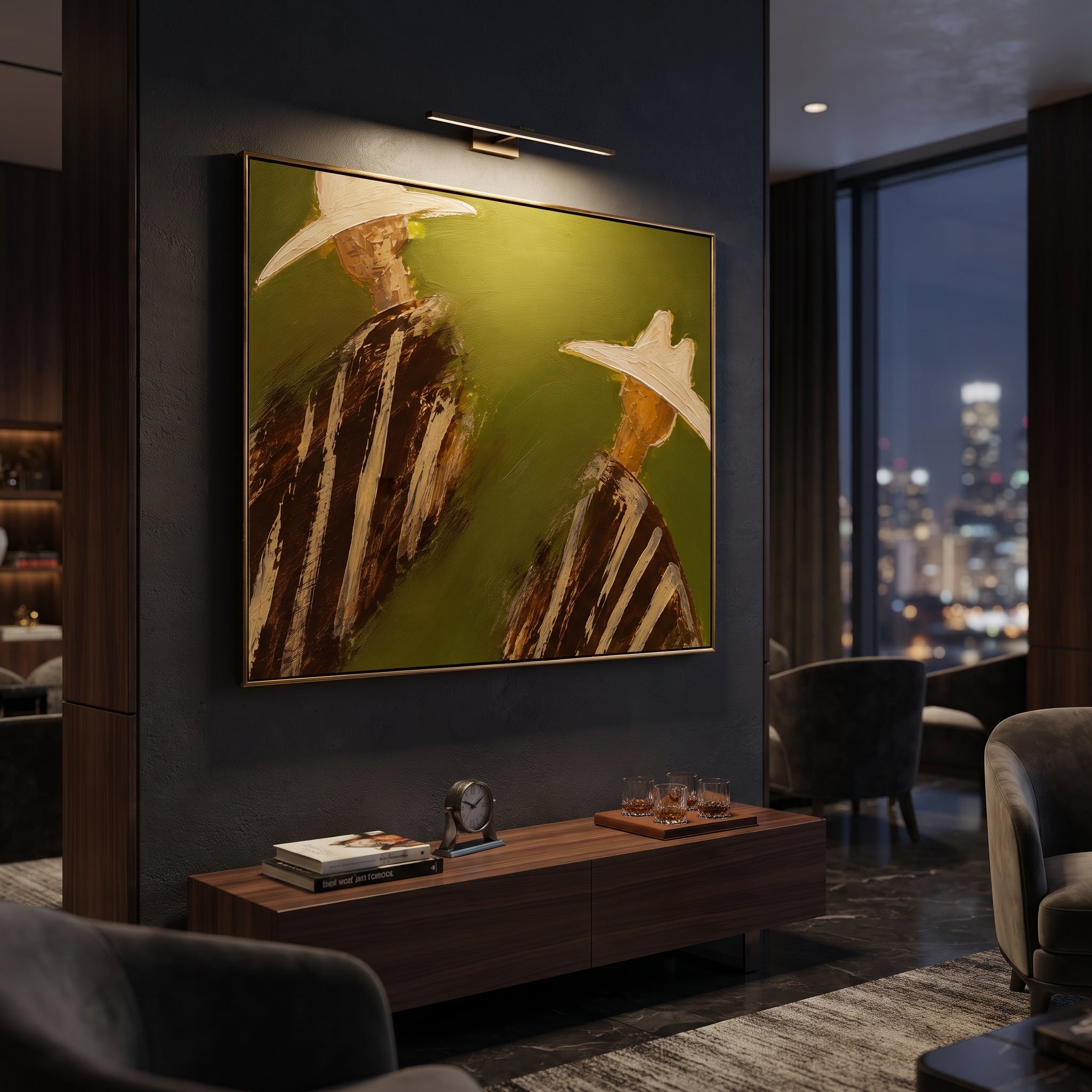 "Angled Two Cowboy Portrait Painting" focuses on atmosphere, surface movement, and sculptural heavy impasto craftsmanship rather than a fixed literal storyline. The composition uses this hand-painted horizontal canvas depicts two cowboys angled apart beneath oversized cream hats, wearing brown striped western garments on an olive green plaster background as the visual anchor, while layered palette-knife paint, raised plaster-like texture, and softened brush movement create tactile depth across