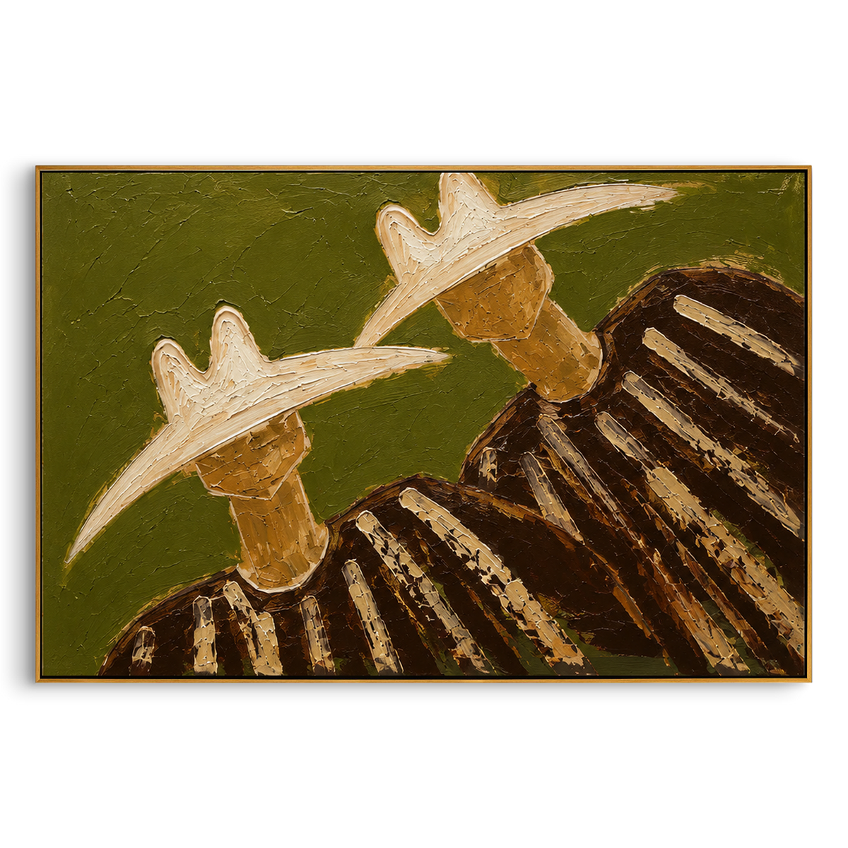"Side By Side Cowboy Duo Painting" focuses on atmosphere, surface movement, and sculptural heavy impasto craftsmanship rather than a fixed literal storyline. The composition uses this hand-painted horizontal canvas shows two cowboys standing side by side with large pale hats, dark shadowed faces, and brown striped garments as the visual anchor, while layered palette-knife paint, raised plaster-like texture, and softened brush movement create tactile depth across the canvas. Curated with a