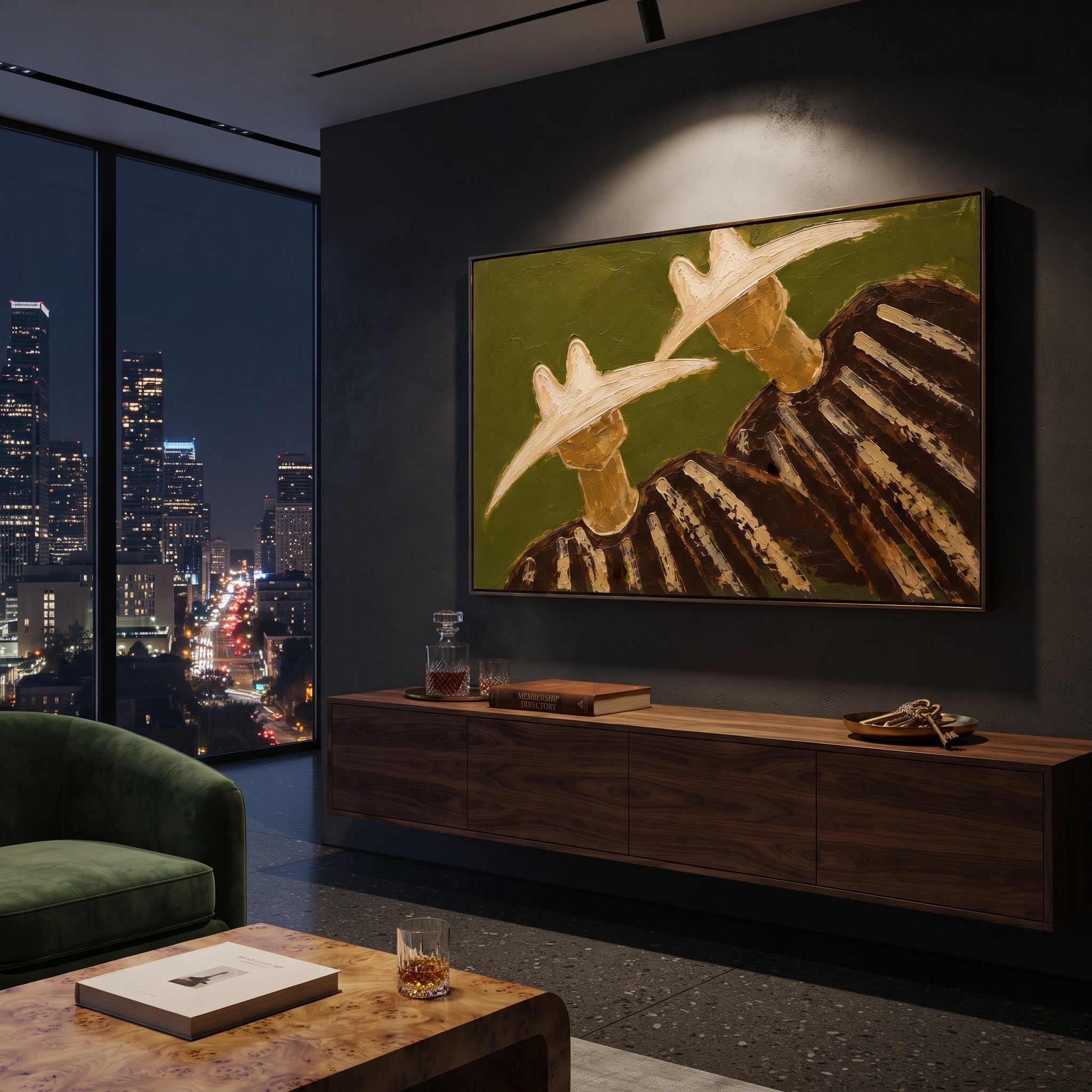 "Side By Side Cowboy Duo Painting" focuses on atmosphere, surface movement, and sculptural heavy impasto craftsmanship rather than a fixed literal storyline. The composition uses this hand-painted horizontal canvas shows two cowboys standing side by side with large pale hats, dark shadowed faces, and brown striped garments as the visual anchor, while layered palette-knife paint, raised plaster-like texture, and softened brush movement create tactile depth across the canvas. Curated with a