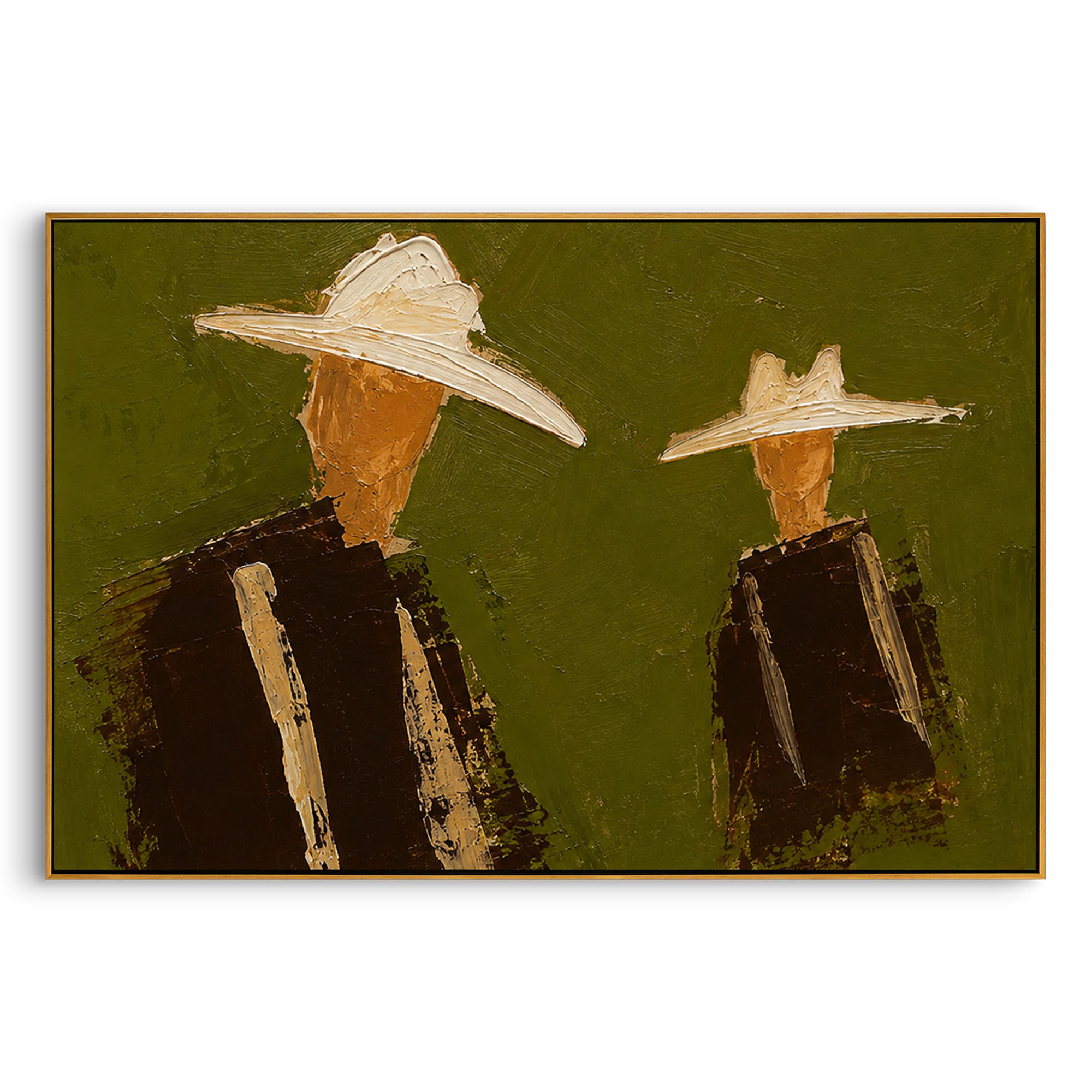 "Separated Cowboy Duo Painting" focuses on atmosphere, surface movement, and sculptural heavy impasto craftsmanship rather than a fixed literal storyline. The composition uses this hand-painted horizontal canvas places two cowboys apart on an olive green plaster field, each wearing a broad cream hat and dark brown western jacket as the visual anchor, while layered palette-knife paint, raised plaster-like texture, and softened brush movement create tactile depth across the canvas. Curated with a