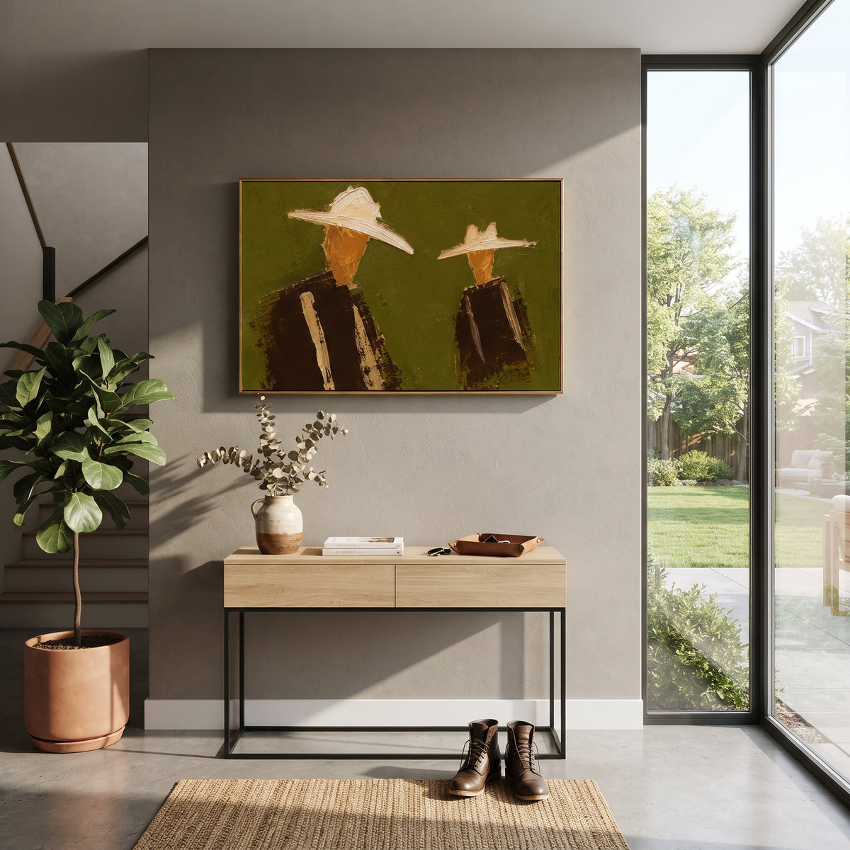 "Separated Cowboy Duo Painting" focuses on atmosphere, surface movement, and sculptural heavy impasto craftsmanship rather than a fixed literal storyline. The composition uses this hand-painted horizontal canvas places two cowboys apart on an olive green plaster field, each wearing a broad cream hat and dark brown western jacket as the visual anchor, while layered palette-knife paint, raised plaster-like texture, and softened brush movement create tactile depth across the canvas. Curated with a