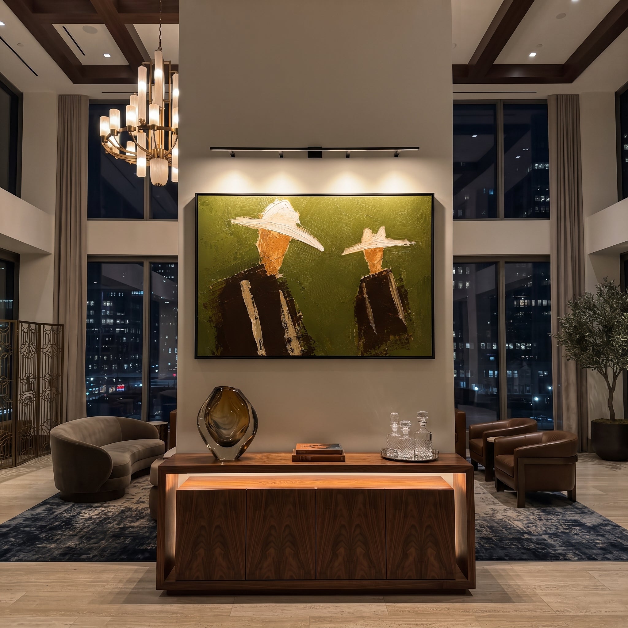 "Separated Cowboy Duo Painting" focuses on atmosphere, surface movement, and sculptural heavy impasto craftsmanship rather than a fixed literal storyline. The composition uses this hand-painted horizontal canvas places two cowboys apart on an olive green plaster field, each wearing a broad cream hat and dark brown western jacket as the visual anchor, while layered palette-knife paint, raised plaster-like texture, and softened brush movement create tactile depth across the canvas. Curated with a