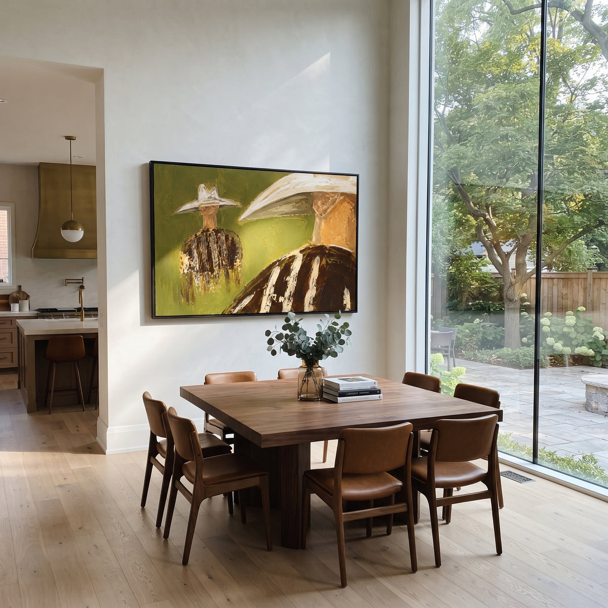 "Near Far Cowboy Pair Painting" focuses on atmosphere, surface movement, and sculptural heavy impasto craftsmanship rather than a fixed literal storyline. The composition uses this hand-painted horizontal canvas contrasts a close cropped cowboy at right with a smaller full figure at left, both under pale western hats as the visual anchor, while layered palette-knife paint, raised plaster-like texture, and softened brush movement create tactile depth across the canvas. Curated with a balanced