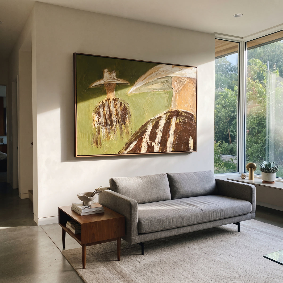 "Near Far Cowboy Pair Painting" focuses on atmosphere, surface movement, and sculptural heavy impasto craftsmanship rather than a fixed literal storyline. The composition uses this hand-painted horizontal canvas contrasts a close cropped cowboy at right with a smaller full figure at left, both under pale western hats as the visual anchor, while layered palette-knife paint, raised plaster-like texture, and softened brush movement create tactile depth across the canvas. Curated with a balanced