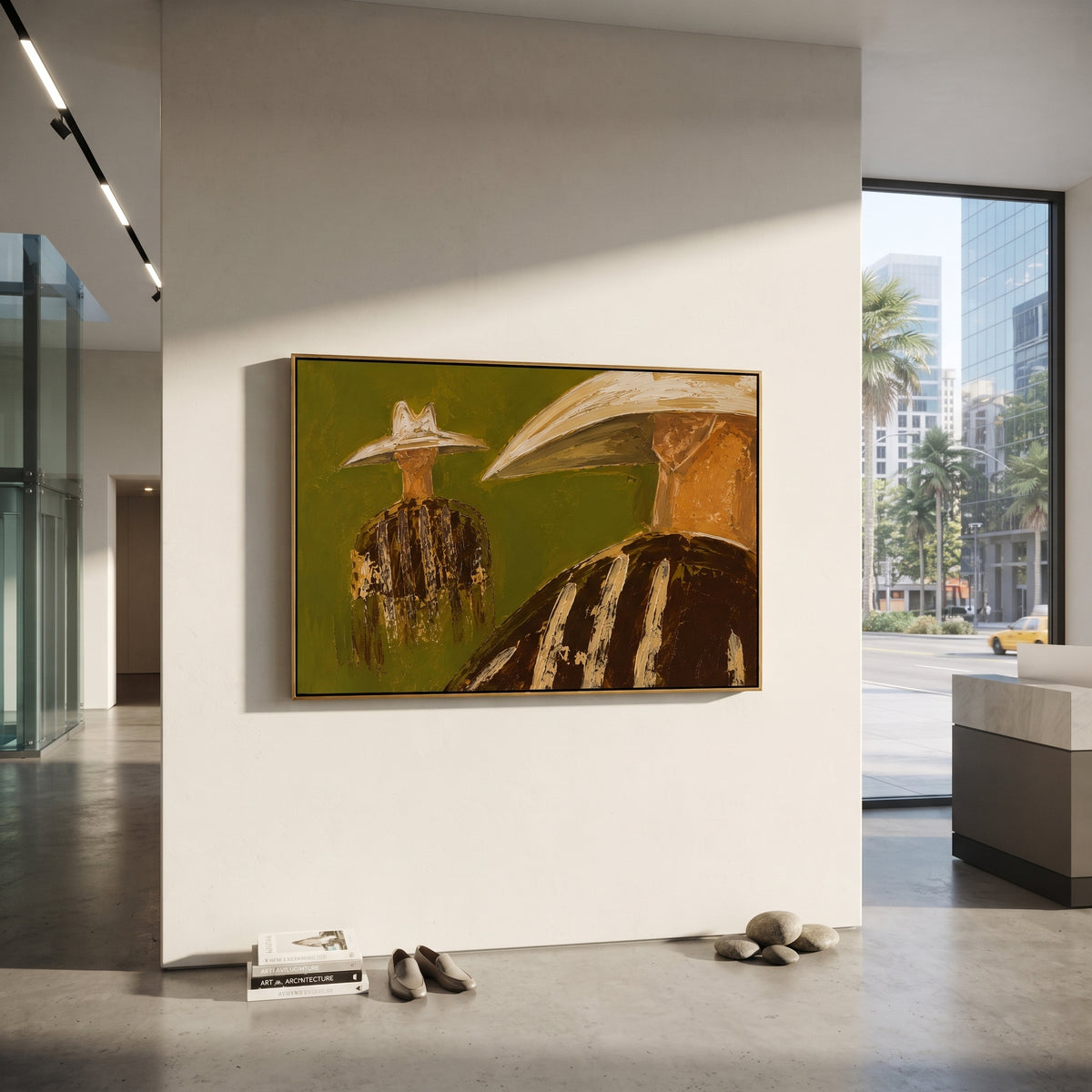 "Near Far Cowboy Pair Painting" focuses on atmosphere, surface movement, and sculptural heavy impasto craftsmanship rather than a fixed literal storyline. The composition uses this hand-painted horizontal canvas contrasts a close cropped cowboy at right with a smaller full figure at left, both under pale western hats as the visual anchor, while layered palette-knife paint, raised plaster-like texture, and softened brush movement create tactile depth across the canvas. Curated with a balanced