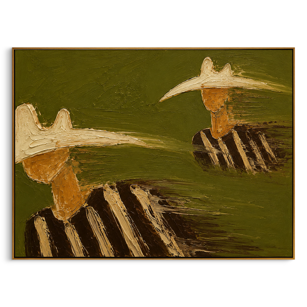 "Staggered Cowboy Hats Painting" focuses on atmosphere, surface movement, and sculptural heavy impasto craftsmanship rather than a fixed literal storyline. The composition uses this hand-painted horizontal canvas shows two cowboy figures staggered across a muted green background, one cropped large at the lower left and one smaller at the upper right as the visual anchor, while layered palette-knife paint, raised plaster-like texture, and softened brush movement create tactile depth across the