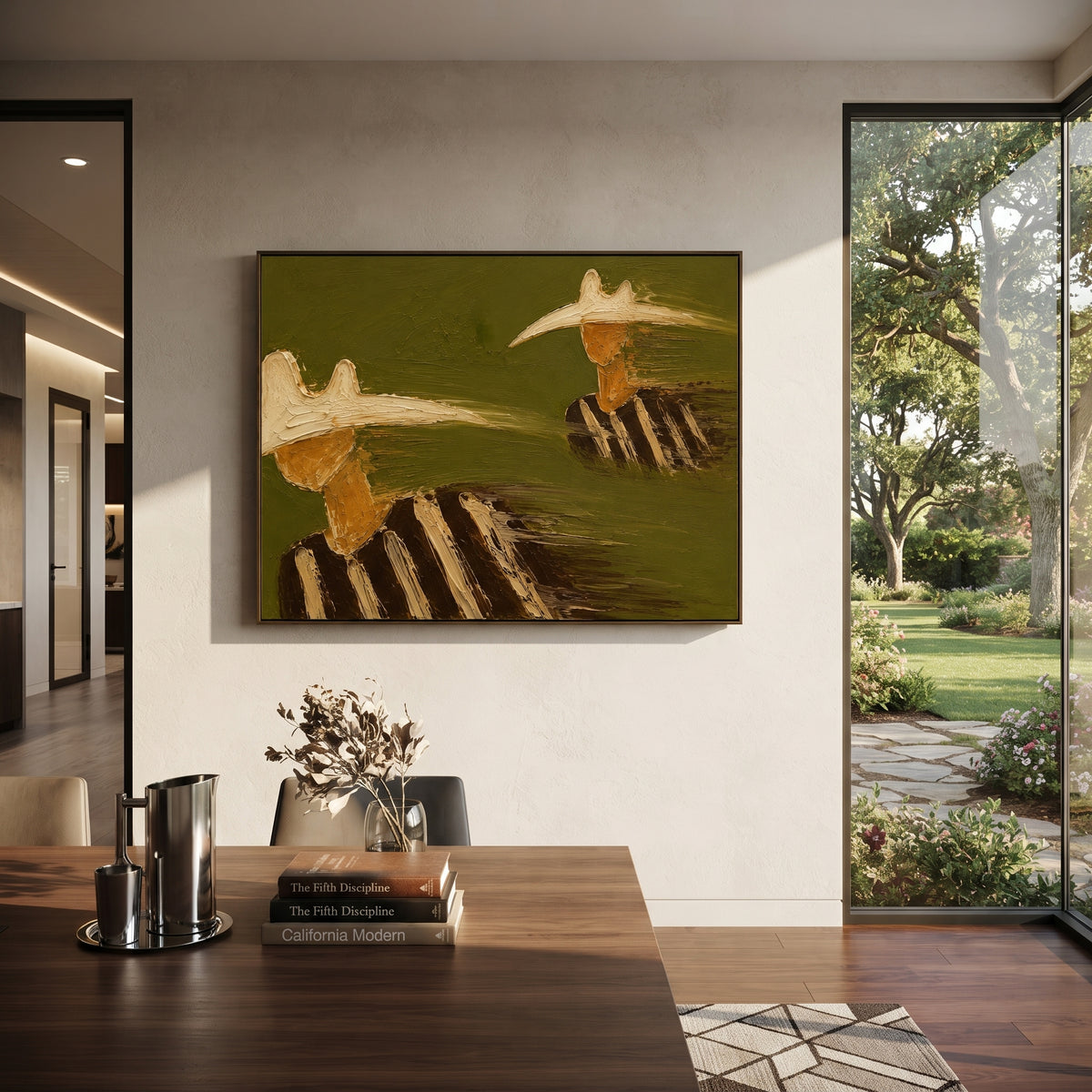 "Staggered Cowboy Hats Painting" focuses on atmosphere, surface movement, and sculptural heavy impasto craftsmanship rather than a fixed literal storyline. The composition uses this hand-painted horizontal canvas shows two cowboy figures staggered across a muted green background, one cropped large at the lower left and one smaller at the upper right as the visual anchor, while layered palette-knife paint, raised plaster-like texture, and softened brush movement create tactile depth across the