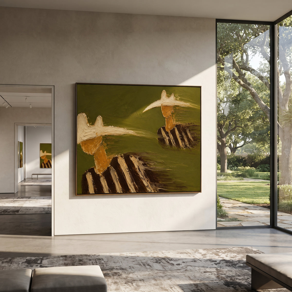 "Staggered Cowboy Hats Painting" focuses on atmosphere, surface movement, and sculptural heavy impasto craftsmanship rather than a fixed literal storyline. The composition uses this hand-painted horizontal canvas shows two cowboy figures staggered across a muted green background, one cropped large at the lower left and one smaller at the upper right as the visual anchor, while layered palette-knife paint, raised plaster-like texture, and softened brush movement create tactile depth across the