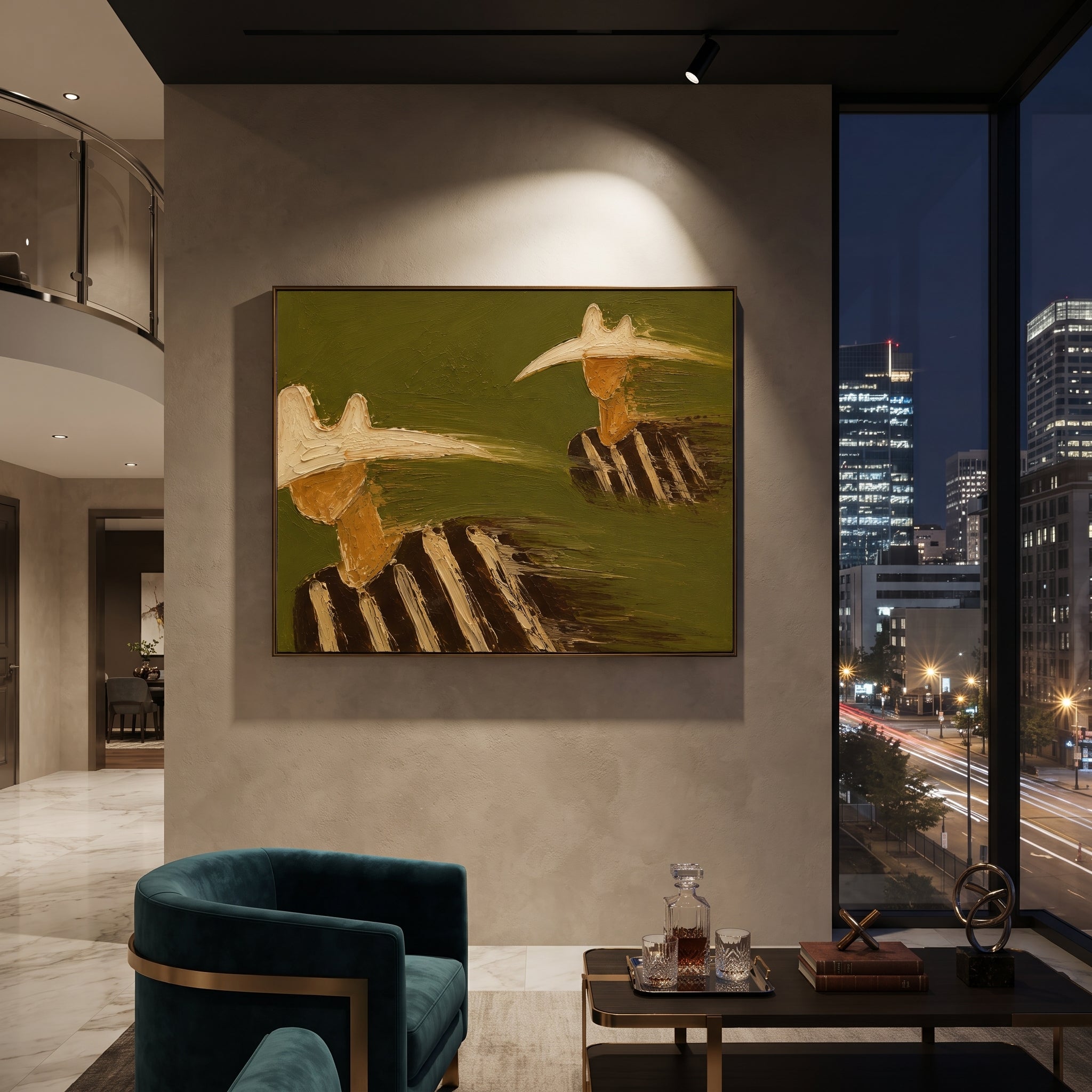 "Staggered Cowboy Hats Painting" focuses on atmosphere, surface movement, and sculptural heavy impasto craftsmanship rather than a fixed literal storyline. The composition uses this hand-painted horizontal canvas shows two cowboy figures staggered across a muted green background, one cropped large at the lower left and one smaller at the upper right as the visual anchor, while layered palette-knife paint, raised plaster-like texture, and softened brush movement create tactile depth across the